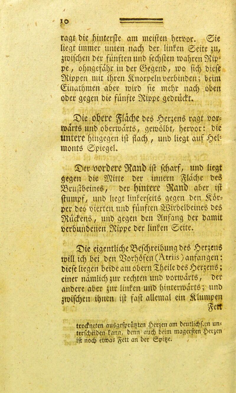 I 10 ===== ragt bie fjinterjfe am metjlen l)erbor- (Sie liegt immer unten nacf) ber linfen (Seite ju, $tt)ifcf)en t>cc fünften tmt> fecf)ften tt>afjren3üp; pe, oljngefdl)r in ber 6egenb, roo (tcf) triefe fHippen mit ifjren Knorpeln berbtnben; beim (Einatijmen aber nrirb fte mefjr nacf) oben ober gegen bie fünfte Stippe gebrücf t. ^ie obere glädje t>e$ #er$en$ ragt t>or< rodrts uno o&errodrte, gemälbt, fjer&or: bie Untere hingegen i(l jtodj , unb liegt auf £el'- mont$ (Spiegel» &er ttorbere 9tanl> ijf fd^arf, unb liegt gegen tue Seilte ber innern gldd)e be$ 23rujlbetne$, ber Wintere 9Janb aber tji ftumpf, unb liegt linferfeitä gegen ben per be6 vierten, unb fünften $ötrbelbeme$ beö SKücf en$, unb gegen ben Anfang bec bamtt öerbunbenen fKippe ber linfen (Seite. £He eigentliche 23efcf)retbung be$ £er*en$ ttrill tcfj bei ben <3odj Öfen (A tri is)anfangen: biefe liegen beibe am obern Sfjeile beS £er$en$; einer ndmltd) $ur rechten unb DormdrtS, ber anbere aber jur linfen unb l)mtern>drtö; unb itoifcften tf>nen t|t fa(l allemal ein klumpen Sctt tcocfncten auögcfpiüfcten £crjen am beutltcfcfcn uns terfc&etoen fann, beim cm<$ beim magetften f)etjen ift noefo etwas gett an ber epilje.