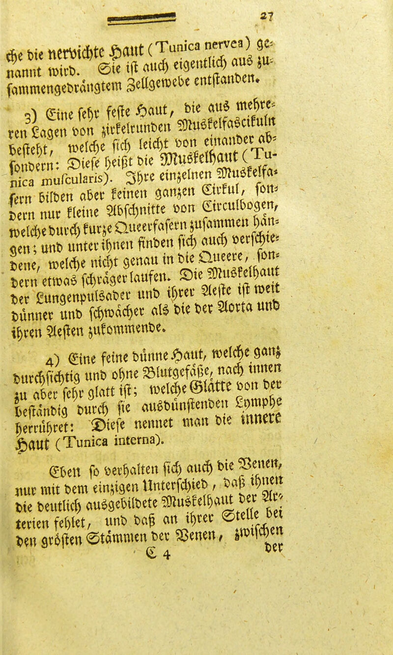 normt micb. ©« i(l aud) ergentlrd) au« ju- ©lieferte feile Saut, bie flu* met>te« ren Ls »IfaSerful« 1*. Sief r; igt bk gmj«wöa«t (Tu- KüÄ). 30« einjelnen ?em bdben abee feinen ganjen ®Wu , fon* lZ nur «eine Sttttnfttt »on ©reuibogen, wl&e bued) f urje Oueecfafern jufammen M= jKn* unter«).«« frnben id> aud,^ h«w meldte nidtt genau m bte Queere, (ort« ter SungenpuBaber unb i)ter Sie£e tft mert bünnee unb fcf,mÄd)ee «1* bie bet Slort« unb ibren Sleflen jutommenbe. a) €ine feine bünne^aut, tt>e(d)egan$ •ii aber fette «fort Ht; melct)e@lCitte »ort bet t)errr.t)ret: »iefe nennet man bre innere |)aut (Tunica interna). (Eben fo »ert)alten fid) aud) bie 53«««' „ue mit bem einten Unterfd,ieb, pfißm Die beutlid) «uSgebitbete SDta«e.&a«t »« *» tetien fehlet, unb bar? an «>rer ©reuebe, ben gr6ften ©tämmen bev Sßenen, imwn