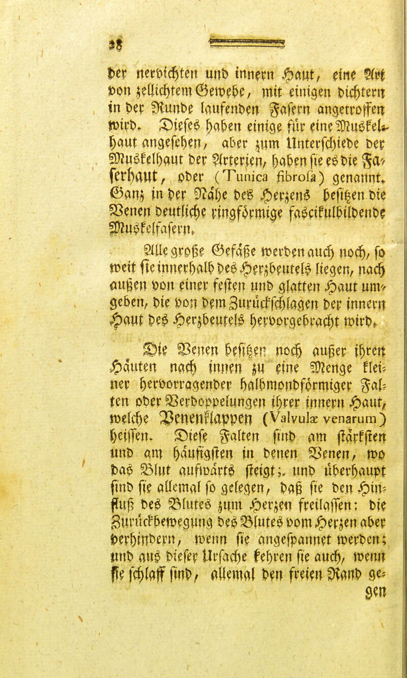 t>er tteröfdjtett unb innern ipaut, eine W *>on $elurf)tem6eweber mit einigen feistem in ber SKunbe laufenbeu gafern angetroffen Wirb. £)iefe$ Ijaben einige für tfnefDtoöfeU- fjaut angefef>en, aber $um Unterfcf)tebe ber SftuSfetyaut t>er Arterien, (>abenftee$bie §a* ferfyaut, ober (Tunica fibrofa) genannt <Ban$ in ber 9W(je be$ £erj}en$ fceft§enbie SSenen beutlicf>e ringförmige fatMfuIbilbenbe f$U$felfaferm Öllle große (Befdße wetten audj nodj, fo weit fte innert be£#e^beute$ liegen, nac§ mtßen oon einer fejten unb glatten £aut um> geben, tue pon bem3urutffcf)fagen t>er inner«. QaM be£ #er$beutel$ fjerootgebracfjt wirb* Sie Reiten U$%m uodj außer ifjrert Rauten na$ innen m cm ^ertge ffe ner Ijeroorragenber halbmondförmiger 3al? ten ober 33erboppelungen ifjrer innern #aut, Welche 33menFlappejT (Valyuja: venarum) Sciflen. £)iefe galten fmb am (lärmen unb am Ijduftgjten in betten %>enen, wo t>a£ 33lut aufwärts jfeigt;. unb überhaupt jtnö fie allemal fo gefegen, baß fte be.u fhiß be£ SMureS $um #er$en fmlajfen; bie gurutf pewe^ung be£ 23lute$ Pom #w$en aber kerfjinbern, wenn fie angefpannet werben; unb au$ btefer Urfacfee ftljren fte audj, wenn ff* fc^teff fwb, Allemal bert freien ffaito 9*