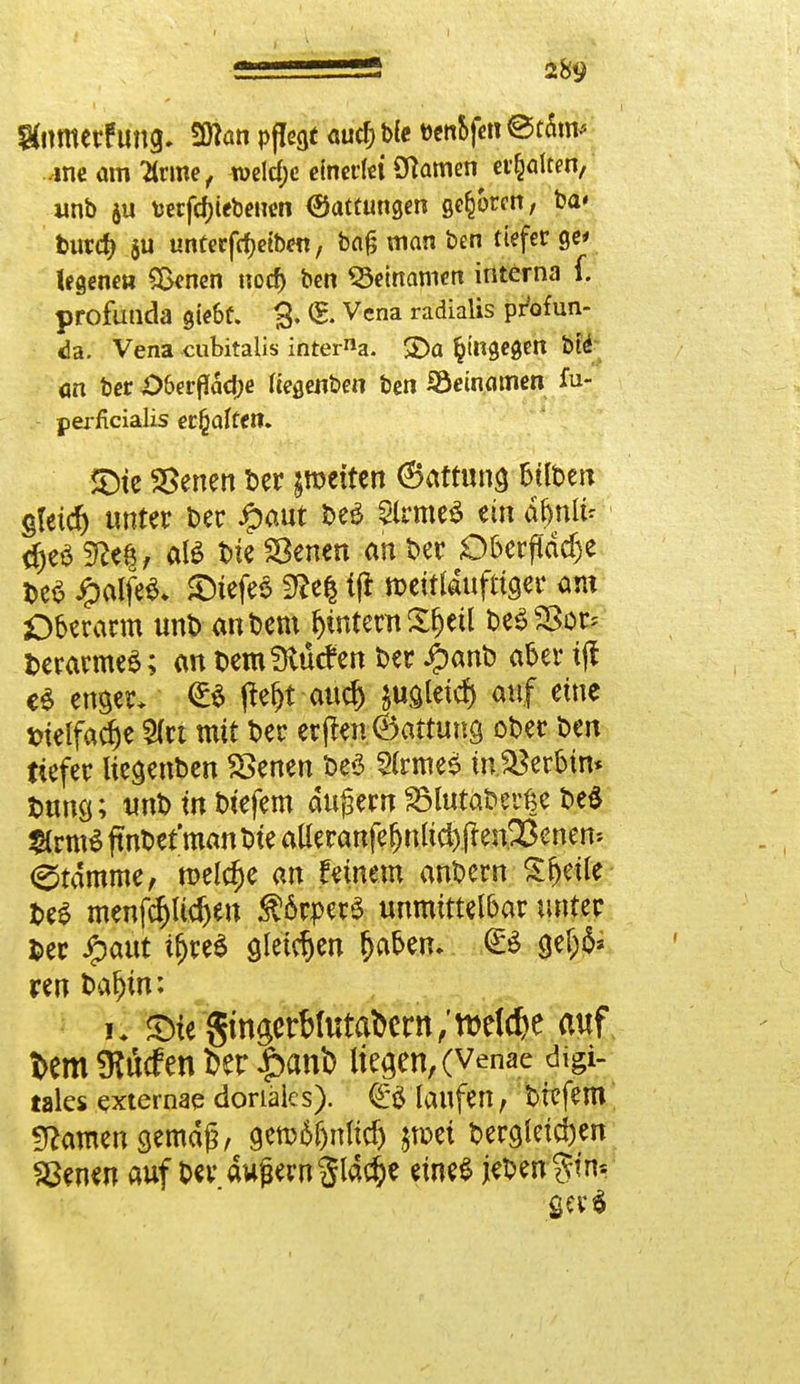 Sfamcrfimg* 2)?an pflegt aucl) b(e mhftn erim* .ine am Htme, welche einerlei tarnen ehalten, unb $u toerfcrjiebenen Gattungen geboren, ba* fcurdj su unterfcfjetben, baß man ben tiefer ge* tegene» #>enen noef) ben Beinamen interna f. profunda gte&r. 3. (£. Vena radialis profun- da. Vena cubitalis interna, ©a fctngegen bid an ber £>6erflad;e Itegenben ben löeinamen fu« - perficialis erraffen. JDtc Herten Der feiten ©attung fctlDen gletd) unter t>er #aut Dce 2lrme$ ein dljnlü S)e£ 3?e&, aß t»tc SSenen an t>er Oberfläche De$ £alfe$. ©tefeS SRefc ffi roeitldufticjer am Oberarm unD andern fjinteruSljeil De$Sßor; DerarmeS; an DemffrücJen Der #anD aber i(l e$ enger. jtef)t aud) Bieter) auf eine trielfadje 2(ri mit Der erjfen ©attuna, oDer Den tiefer liegenden SSenen Des 2(rme$ wjBerbin* tmn$; unt) mDiefem dugemSölutaDerße De£ ^rm^ftntjet'man^eatieranfe^ult^ftenjöenen* 0tdmme, tuende an feinem andern ^f>eüe U$ menfcf)Ud)eu $6rper3 unmittelbar unter fcer Jg>aut if)re$ gleiten Reiben. gef;& ren Dal)w: k JDie 'gtngerMutaDcrn / welche auf t>em$ucfen Der ibanb liegen, (Venae digi- tales externa? doriäics). <£$ laufen, Diefem tarnen gemäß, gerüäfjnltcf) jroet Dergleichen Sßenen auf Der äußern Slac&e eines jeDen Stö- ger $