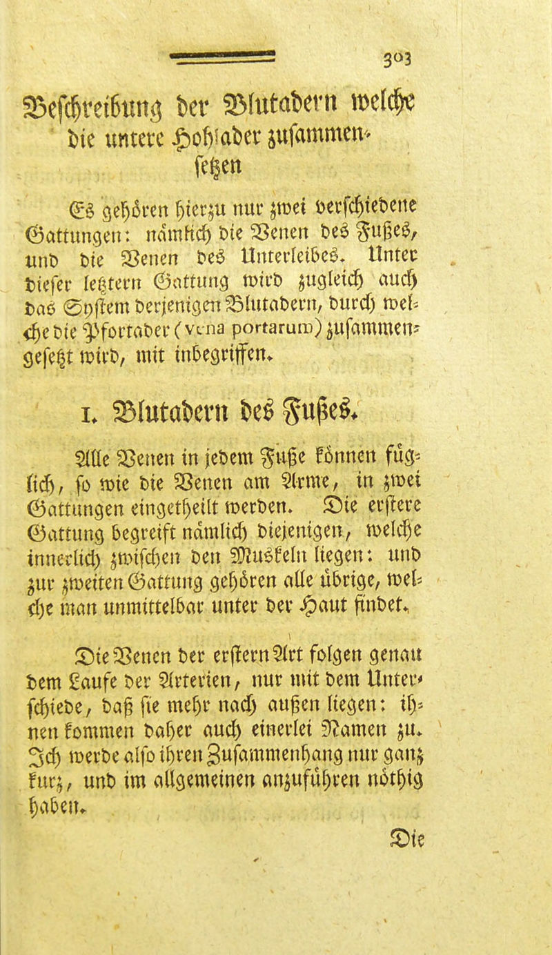 3°3 5Bef(&ret6tm$ ber 9Mttt<*ern meiere X>ie untere Jpofyaber gufammen* fefteft ^m0#^ öe^ören ^tet^u nur jwei Derfdjtebene (Gattungen: ndmhd) Die SSenen t>eö SnßeS, unD Die SSenen DeS Unterleiber Unter tiefer ledern (Öattung roirD $ngletdj aud) Das ©pftem Derjenigen SlntaDern, Durd) n>ek , <£eDie g>fortat>er C vt-na portaruro) jufcmutKn* gefegt wirb, mit inbegriffen. i; a&totatern i>e$ §u(*e& Sitte Letten in jet>em gitjje fonnen fu> tief), fo tt)ie Die Letten am 2lrme, in jmet ©attungen eingeteilt merken. £5te eifere (Gattung begreift ndmlid) Diejenigen, roeldje tnnerlid) imföm Den 5Ü?u3£eln liegen: unD $ui* peiten ©attnng gebären alle übrige, ml d)e man unmittelbar unter Der ipaut finhtU SMeSBencn Der erjternSlrt folgen genau Dem Saufe Der Arterien, nur mit Dem Unter* fcf)ieDe, Dag fie meljr nad) außen liegen; ü> neu fommen Daf)er auc& einerlei tarnen 3$ merDe alfo tbren gufammenbang nur ganj für;, unD im allgemeinen anjufü&ren notf)tg jjabeji* £>ie