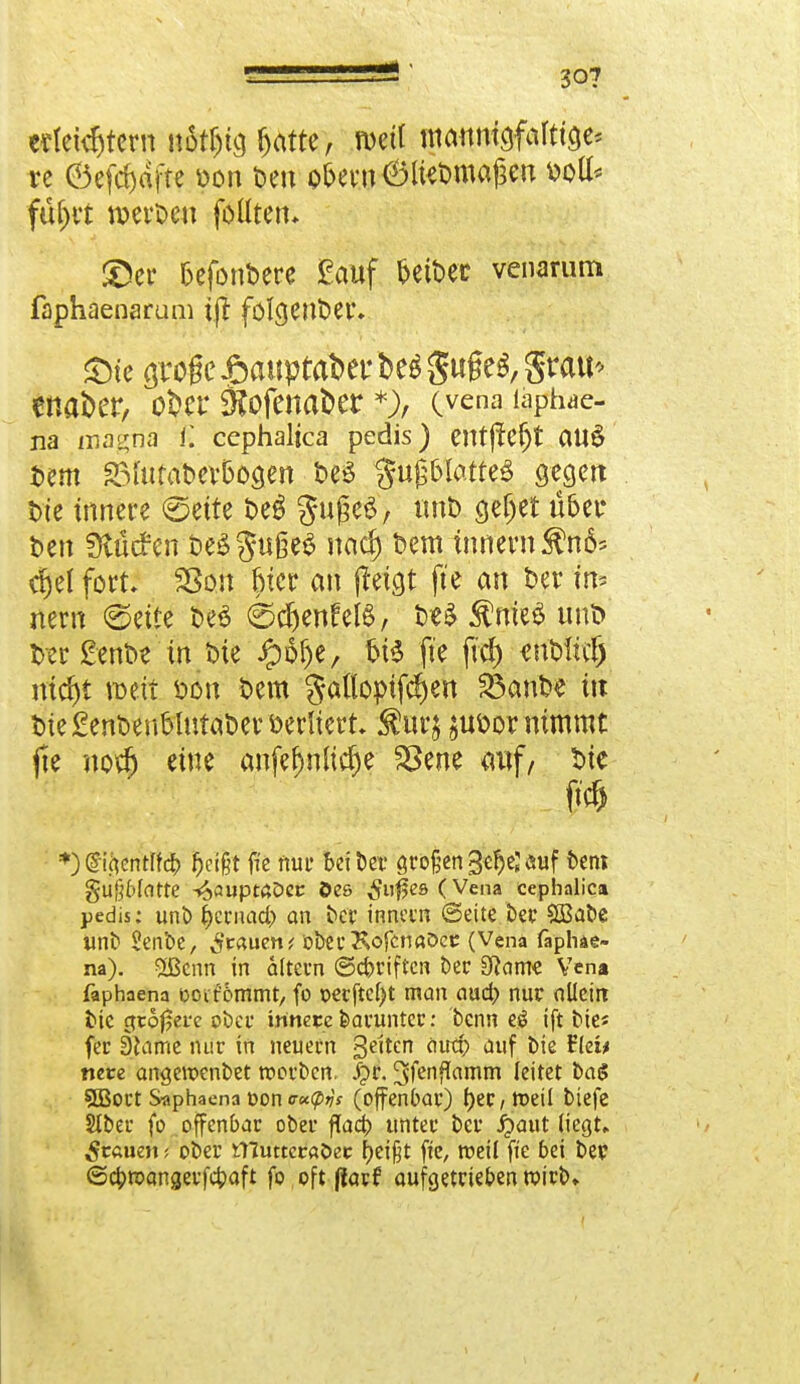 30? erteiltem «öt^ig ^atte y mit mmitfa\ti&* re Sef#dfte von Oeu o&ern ÖlieOmagcn Doli* füfjct werben foütetu ©er fcefonbere Sauf Detber venarum faphaenarum if£ fölgenber. £Me grogc ßauptafcer beö guge£, grau* enaber, ober 0£ofenafc>er *), (vena taphae- na magna i] cephalica pedis) entfielt au§ bem SSfufa&evDofien be3 $uß&latte6 gegen bie innere ©eite beS Sujjeö, imt> gefjet übet* ben Striefen beögußeS nad) bem innew$n6% c^ef fort* SSon fcier an jleigt fte an ber nern «Seite be£ (Scfjenfeß, be£ $nie$ unt> t>er£enbc in bie jpol^e, t>i£ fte ftd) ^nblivf) nid)t weit bon bem Safloptfdjen Söanbe itt bie£enbenMntaberoerliert $ur$ vornimmt fte nodj eine anfef)nlicr)e SSene auf/ bte *) (£tgcntlfd> fceißt fie nur bei Der großen 3e§e; auf *>enI guloIattC -*?>auptßöcr Oes 3»ßes(Vena cephalica pedis: unb Ijcrnacb an ber innern 6eite ber SBabe Unb 2enbe, Stauen < ober KofcrmOcc (Vena faphae- na). $ßcnn in altern ©ebriften ber SRame Vena faphaena Doit'ömmt, fo oerftcljt man aud; nur allein bie größere ober innere barunter: benn eö ift bie« fer 3iame nur in neuern Seiten autp auf bie Blew nete angeioenbet roorben. Jj>r. ^fenfiamm leitet ba<S 5ßort Saphaena oon cxtpvs (offenbar) l)er,tt>eil biefc Slber fo offenbar ober flacb unter ber Jpaut liegt» grauen \ ober tTZuttcraöer fjeifjt fte, weil fie bei ber ©ebroangerfebaft fo. oft |tarf aufgetrieben wirb»