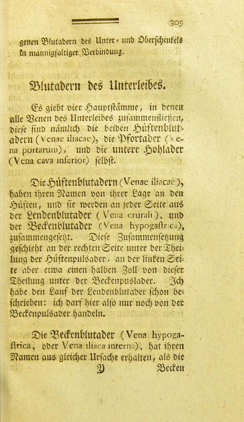 genen S&fufabetn beß Unter* tmb OtettymMd in mannigfaltiger SßetbinDUMg. SBIutaievn fceS Unterleiber* <£$ ajebt Dier j£>auptjramme, in benetr alle $8enen De£ Unterleiber jufammenjfiegeiv t)tcfe fmD mmlid) Die beiDen Ruftenblut*' a&ern (venae Üraese), Die ^fottakt (V e- na portamm), imt> Die untere Jbüfylafcet (Vena cava inferior) felbjt. £>ie £uftenWutabern (Venae ifiäral), (jaben tfjren tarnen Don it>rer ßage an Den ijpüften, unD fte roerDen an jeDer @eite auö Der genbenblutafcer (Vena cmraii), unD Der ^etfenblUtaber (Vena hypogaftre.), jufammengefeßt £>iefe 3ufammenfe|un3 öefd)iefjt an Der rechten 0eire unter Der £ljei* luncj Der JpuftenpußaDer; an Der linfen 0et* tt aber etroa einen fjalben gc$ Don Diefec Sfjeüung unter Der 23ecfenpu31aDer. Sei) (jabe Den £auf Der geuDenblutaDer fd)on be* (^rieben: tcf> Darf f)ier alfo nur uod) fcon Der 23etfenpuBaDer fjanDeln» £>te 5Se<fenb(Utai>er (Vena hypoga- flrica, bDer Vena lliaca intern.i), t)at ir)rett tarnen au$ gleicher Urfadje erhalten, aß Die