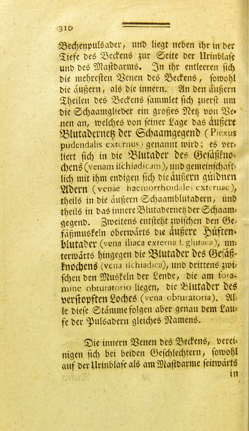 23ed)enpul3aDer, unD liegt neben tfjrinDer Stefe Des Söccfenä jur (Seite Der tlrtnblafe unD DeS ?0?a|tDarms\ tfjr entleeren fi$ Die mebveften Letten t>eö Herfens, forool)l t>tc äußern, al£ Die innern. $n Den andern Steilen DeS 25ecfen3 fammlet fid) jnerj^ um t>ie 0d)aamglleDer ein großes 9?e| oon SSe» nen an, roeld)e£ Don feinet4 £age Da3 äußere ^3littat>erne§ ber (5d)aamgegenb (P.exus pudendalis extcrnusj genannt tt>ii't>; e£ Der« Itert ftd) in Die SMutaber bee ©efäfjfno* (i)en^ (venam ifchiadicjm), unt) gemeinfd)aft* licr> mit ifjm endigen ftd) Die äußern guibnen 5(bem (venae haeniorrhoidale-extemac), tfjetlS in Die andern <Sd)aamblutaDern, unD tljette in Da£ innere £limiDerneper0cfjaam* gegenD- 3roetten£ ent|tef)t $mtfd)en Den ®e- fäjjmuöfeln oberrodrte Die äußere £mften* fyiUt(lb£f (vena iliaca externa i. glutaea), un* terwdrta hingegen Die 23Uttaber be$ ©efäß- fttCdjenÖ (vena ilchiadica), unD Dritten^ jp$ fd)en Den SÜUi^eln Der £enDe, Die am iom mme obmratono liegen, Die ^Uttaber be$ Wrjtopften 20C&e6 (vena obturatoria). m k Diefe Stamme folgen aber genau Dem £au* fe Der ^uBaDem gleich 2ftamen$, £)te innern SSenen DeS 23ecf*en$, seret* nigen ftd) bei beiDen ©efd)led)tem, foroofjl auf DerttrmblafealS araSRaftoarme feitrodrt* in