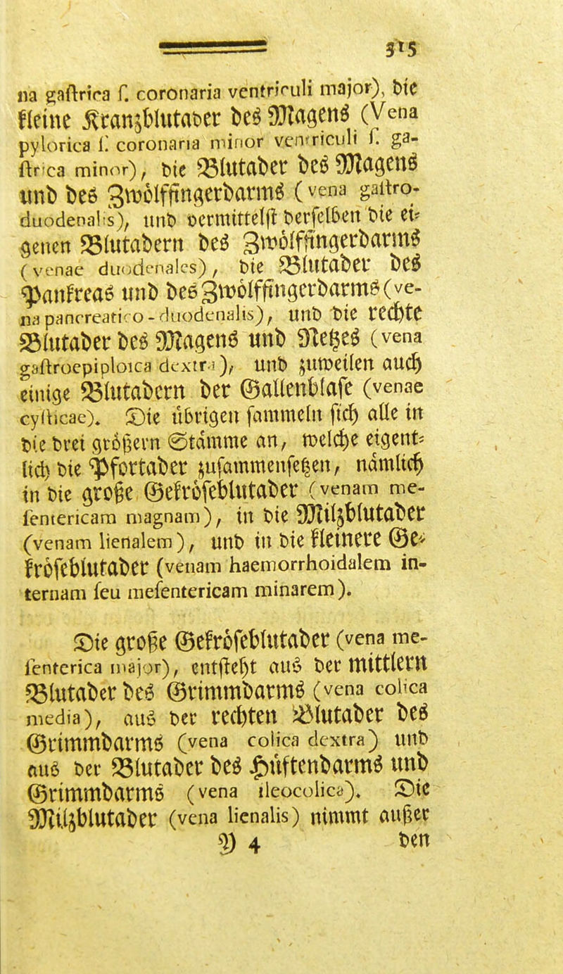 na gaftrira f. coronaria ventriruli major), t>te Beine Äranjblutaber be$ SOTagen* (Vena pylorica C coronaria minor venmculi f. ga- ür ca minor), Die 23lutabet bc«fDlagcnd unb beö 3tt)6iflingerbanti^ (vtä® galtro; duodenaüs), imD Dermtttelft Derfel&en btc et* senen »fotabern beS Bwiffffnaerbarm* ( venae du< Renales), Die 23lutabet* be£ q>anfreaß «nb beö3m6Ifftngerbarm^(ve- napancrearico-duodenalis), unD t>lC rCC&te SSlutaber be3 dliwn* «nb.9le^ (vena gaftrocpiploica dextr ?)/ unb juroeüen auc& einige »fotabern ber ©allenblafe (venae cy(ticae). £)ie übrigen fammeln ftd) alle in Die Drei grijjem Stamme an, meiere eigent* lid) Die ^fottaber &ufammenfe$en, ndmlicfj in Die a/oße ©eftüfeblutabet (venam me- fentencam magnam), ttt Die SDWjblUtabei: (venam liertalem ), UttD t« Die fleitteit ©e* frofeblUfClber (venam haemorrhoidalem in- ternam feu mefentericam minarem). 5)te große ©efrtfeMtttaber (vena me- ienferica major), entfielt «M$ Der mittlem 23lutaberbe6 ©timmbatmä (vena eoliea media), au3 Der regten ^Mutaber beä ©Cimmbarmö (vena colica dextra) nnD (tuö Der 23lutaber be$ £üftenbarm$ unb ©timmbatme (vena iieocoüca). SMc 3}ttlSblUtaber (vena lienalis) nimmt außer