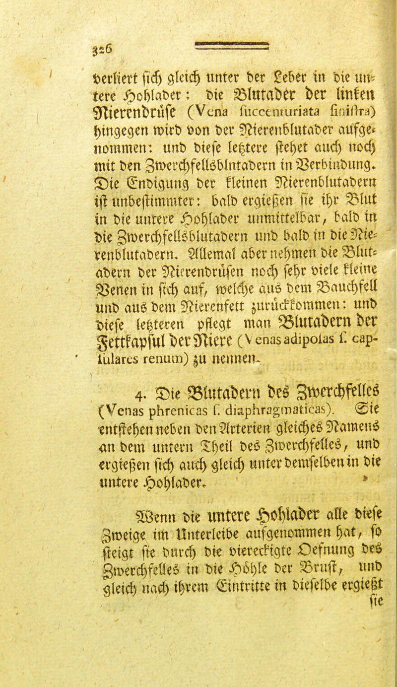 Derliert jidj gletdj unter ber £eber in bie tt# terc #oljlaber; t>te 23lutaber ber linfen 9liercnbrÜfC (Vena fuccenruriata finifira) hingegen müb feon bei* SRterenblutaber aufge* nommen: unb biefe leitete lief)et aud) nod) mit ben 3tt>ercf)fe(teblntabern in S8erbtn&ung. £)ie (£nbtgung ber fletnen 9fterenblutabern ijt unbejtimmter: balb ergießen fte if)r 25lut in bie untere Jpoljlaber unmittelbar, balb in Die 3merd)felBblutabern tmb balb In bie^ venblutabern. Slüemal aber nefjmen bie SMufc abern ber SRierenbrüfen nc$ fer)r btele Heine Söenen in fid) auf, roeldje auö bem 23aud)fell unb aus Dem Sftterenfett jmüdt ommen: unD Diefe (enteren pflegt man 23lutabem ber gettfapful t>ei'3ftkre (Yenasadipoias f. cap- iülares renum) §u netmeiu 4- SMe SMutabern beS 3»cr*pc« (Venas phrenicas C diaphragmaticas). (Sie ■entftefjen neben Den Arterien gletdjeä SfrmieuS <mbem untern Xf)eil beö Sroew&fefleä, unb ergießen jtd) aud) gleid) unter bemfetben in bie untere Jpor/laber* SÖemt Die imtete £o!)iaber aae tiefe Smeige im Unterleibe aufgenommen ^at, fo ftetgt fte bnrd) W tneretfigte Oefmtng be$ groerc&feüeS in Die #61) le ber S&aäfo unb gleich na# i^rem Eintritte in biefelbe ergießt fte