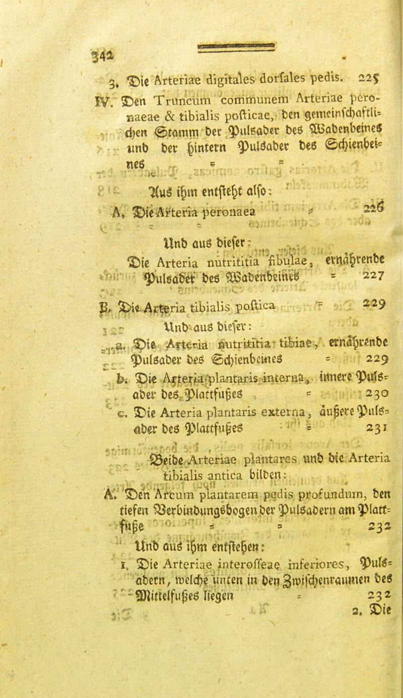 3. Die Arteriae digitales dorfales pedis. 11% IV. Den Truncum communem Arteriae pero- maeae & tibialis pofticae, tcn gemcinfd)aftU= d;cw ©taiTun'bec;9>ul6a&er beö Sßabenbeines unb bet fnntem 9>ulöabet beö ^c^ienbek neö . L c  KuS ihm entfWtf atfo: * - Ä» Die Arteria peronaea 'i 220 Vi Hub aus biefer; Die Arteria nutrititiafibüiae, CVtta^renbe ^>ulßü£>et beö SBübenbßihcö = 227 B. Di* Arteria tibialis poftica 229 Unb-auS biefer: _ria. Die> Arterk fititrititia' tibiae, ernäT;«nbe $)uteaber fceö ^cfyienbewt'S = 229 bt Die Arteria-plantaris interna., innere obet- be^^totJfü^eö = 230 c. Die Arteria plantaris externa, dupere^uf^ aber beö 9>lattfupe$ I 231 ■SÖei&e-Arteriae plantares nnb bic Arteria tibialis antica bitten: A» Den Arcum plantarem .pedis profundum, ben tiefen $3etbint>uno$bogen ber pulöabem am piart^ fuße 232 Unb aus tftm enfjlefjen: 1, Die Arteriae interoffeae inferiores, Pufö= abern, weiche unten in ben 3n>ifd;enraumen öe$ ~ SJliftelfujjeö liegen 232