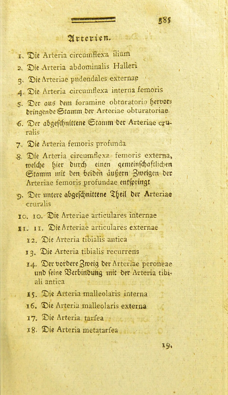 yivtcvitn* Die Arteria circumflexa ilium 2. Die Arteria abdominalis Hallen gv Die Arteriae pudendales externa? • 4. Die Arteria circumrlexa interna femoris .5. 55er a«6 bem feramine obtnra*orio f)ert>ors bringenbe (Stamm. ber Arteriae obturatoriae 6. Der ab^efc^nfCfenc ©tamm ber Arteriae cru~ ralis 7. DU Arteria femoris profunda .& Die Arteria circumflex?. femoris externa, tt»dd)e £ier burd) einen gemeinfcfjaftltcberi ©ramm mit ben -be'iben äußern 3^^9e« Arteriae femoris profundae entspringt 9. Der untere abgefäwittene Sfceil ber Arteriae cru ralis 10. 10. Sie Arteriae articulares internae Ii„ ii. Die Arteriae ärticulares externae 12. Sie Arteria tibialis antica j 3. Die Arteria tibialis recurrens 14. Dert>orbere3rc>etg ber Arteriae peroneae unb feine 33erbwt)img mit ber Arteria tibi« ali antica 15. Die Arteria malleolaris interna 16. Die Arteria malleolaris externa 17. Die Arteria tarfea 18' £)te Arteria metatartea 19«