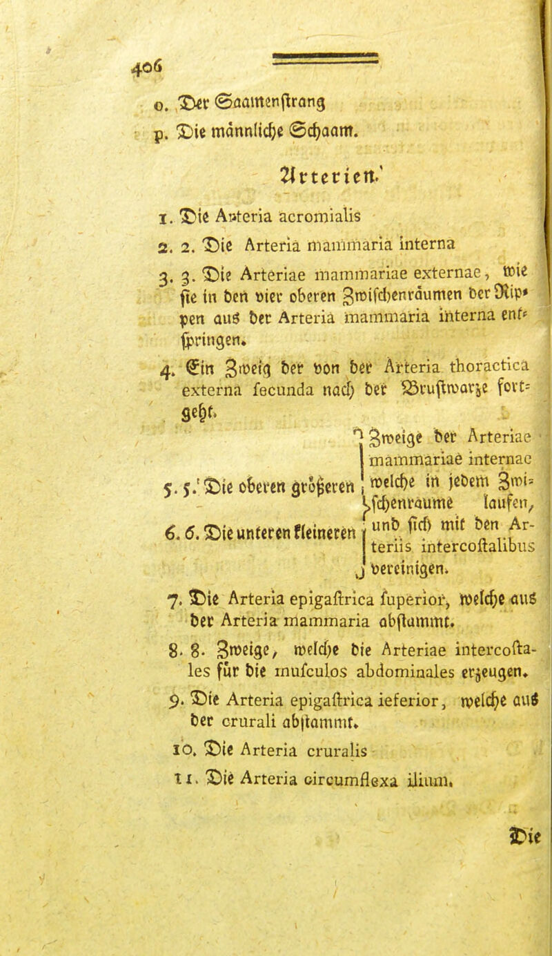 0. Der (Saantenftrano, p. Die männlidje @djaam. 1. Die Anteria äcromialis 2. 2. Die Arteriä mammaria interna 3. 3. Die Arteriae mammariae externae, 0>ie fie in bert wer oberen ßroifcbenräumen Der Dtip» pcn aus t)er Arteria mammaria interna enf«= fpringen» 4. €in S^eio, t»cr t>on &er Ä'rteria thoractica externa fecunda nad) Der SSruflworse fort* ge&r. ^Sroc'9e fecr Arteriae I 'mammariae internae 5.5/Die oten großen! welche in jeoem |n>U t>fd)enrQUme laufen,, 6.6. Die unteren Heineren mit ^ terns intercoitalibiis j toereintgen. 7. Die Arteria epigaftrica fuperior, tt)elcf;ß <IUS Öer Arteria mammaria abftummt. 8. 8- Steige, meldje Die Arteriae intereofta- les für &ie rnufculos abdominales erjeugen» 9. Die Arteria epigaftrica ieferior, iveldje (M$ ber crurali abjtammf* 10. Die Arteria cruralis