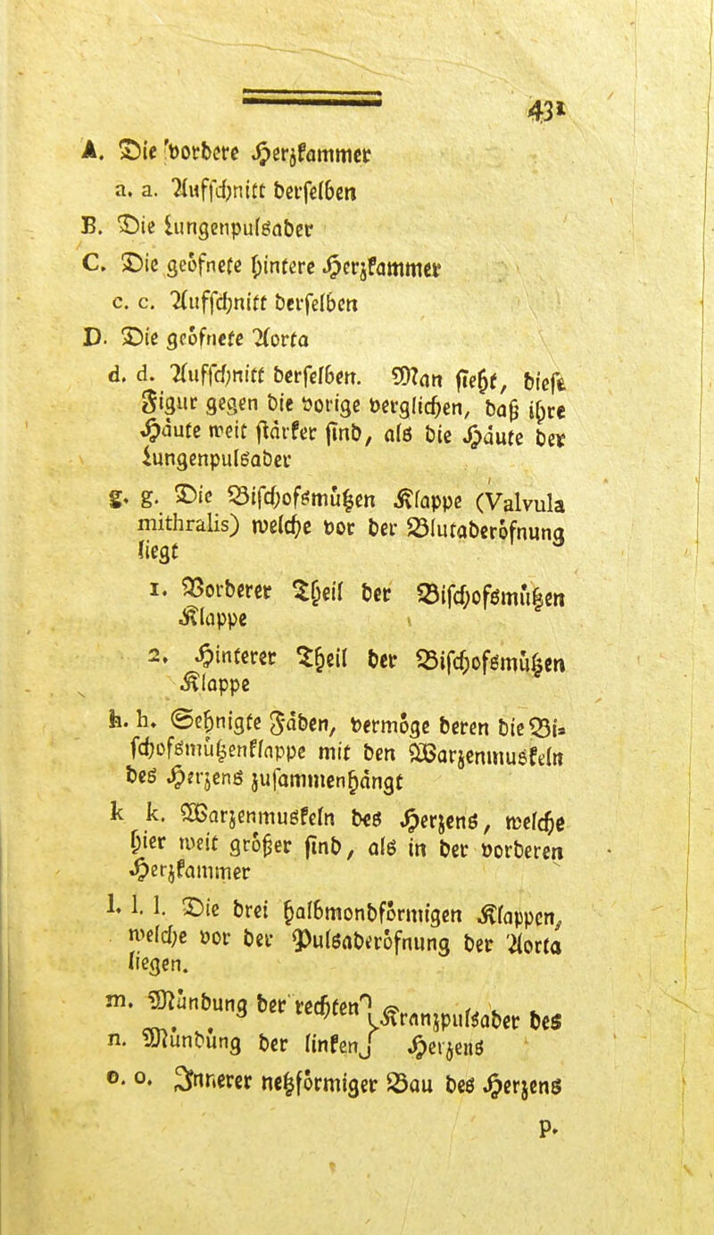 43* A. SMe footbete fyvtfammt a. a. %nf\'d)t\itt betfe(6en B. ^Dte lungenpu (sab er C. £)ie geofnefe Wintere Jperjfammet c. c. #ttffd;mff berfetöeti D. £>ie geofnefe Hovta d. d. 7Cuffd;nif( berfef&en. €D?ati fte(j(, bieft gigur gegen bie Vorige öerglidjen, bajj i(jre Sjautz rceif fidrfer ftnb, alö tue jpdute be* lungenputeabei* £♦ g. £>ie Sifd;ofömu|en ßfappe (Valvula mithralis) welche Por ber 23Iutaber6fnuna liegt 1. derberer Sf;ei( bet S5ifcf;ofömu|en Kluppe * 2. Hinterer «fc&eil bet «ifcfjofsmufcen floppe h. h. ©einigte gaben, Petmoge beten bteQ5U fdjüfgmü^enffnppe mit ben SödtjemmiiSfeut beö #?rjenö jufammenfydngt k je. SBarjenmugfem txtf ^erjenö, rcefc&e ()ter meit großer ftnb, als in bet üorbereti ^erjfamtner 1.1. 1. £)te bret §aI6monbformigen Wappen, n>e(d;e »or bei- 3>u(6ab^6fnung bet 'üoita liegen. m. Sftunbung bet tedkenn <» ,i\ » ieu^en i£rnn$puf*abet be$ n. SJiunbung bet (infenj £er$enö ©. o. >nerer nefcformiget 23au beö .fterjens P-