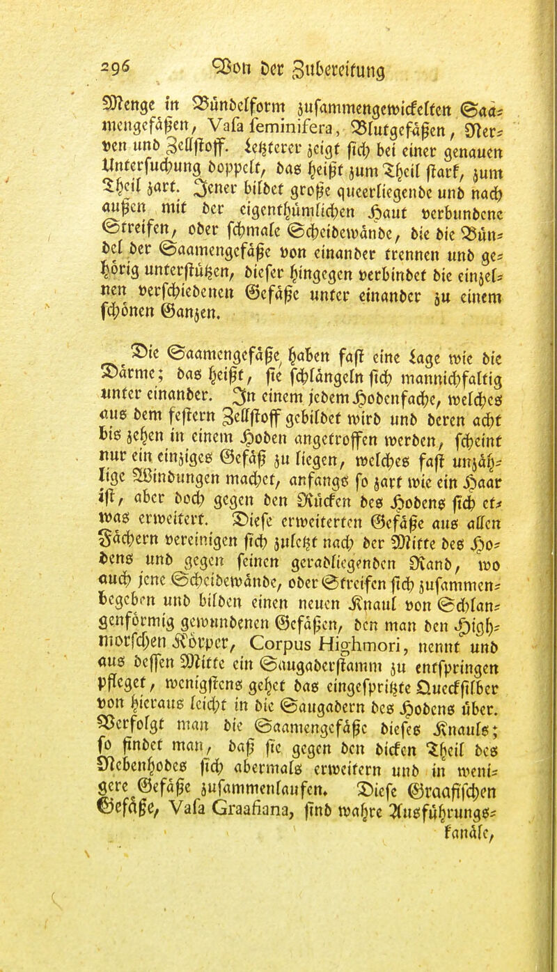 Sftenge in S5ünbcrform sufammengewicfeltett <Saa* mengefäfjen, Vafafeminifera, Blutgefäßen, 9te »cn unb äcttftoff. icfcterer jctgt ftd> bei einer genauen Unterfud;ung boppclf, bag §eifit jum^cil flarf, jum S^eil jart. ^ener hübet große queerliegenbc unb naef) mitten mit ber eigentümlichen fiaut »erbunbene «Streifen, ober fcfcmalc @c|mbewänbe, bie bie SÖöit* bei ber ©aamengcfäfje »on einanber (rennen unb ge- hörig unterftu^en, biefer hingegen perbinbet bie einseg- nen »ergebene» ©efäfjc «nfer einanber au einem fepone» ©anjen. £ie ©aamcngefäge fcaBett faft eine *age wie bie ©arme; bag §eißt, fte fc^fangcln jtd? mannigfaltig unter etnanber. ^n einem jebem £obenfa#e, welcfceg <uig bem fefrern 3eff(?off gebitbef wirb unb beren ad)t »ig jefjen in einem #oben angetroffen werben, fcfceinf nur ein cinjigeg @efä£ ju Hegen, roe^eg faft unjät> Itgc Sßtnbunge» mad;ct, anfange fo jarf wie ein £aar iff, aber bod; gegen ben Öunfen beg jpobeng ftet> et* wag erweitert. £>iefe erweiterten ©efäjje aug allen Samern »ereinigen fid? jufeßf nad; ber SOfitfe beg £o- ieng unb gegen feinen gcrabuegenben Dvanb, wo <utd> jene @d>cibewanbc, ober@trcifcn ftd> $ufammen* begeben unb btlbm einen neuen .ftnaul »on ©d)lan* Senformig gewunbenen ©cfaßen, ben man ben SMfa niorfd;en Äpet, Corpus Highmori, nennt unb «ug beffen Glitte ein @augaberftamm ju entfpringen pfleget, wcmgjtcng ge§et bag eingcfpri(jfe Öuecfftlber »on ^icraug lcid;t in bie ©augabern beg Jpobeng über. Verfolgt man bie ©aamengefäfjc biefeg £naufg; fo finbet man, bafj ftc gegen bc» bicfctt %il bog Stfcbenfjobeg fid; abermalg erweitern unb in mute gcre ©efäfje äufammenlaufen, £)icfe ©raafi'fdKn ©efafje, Vafa Graafiana, jtnb wafcre #ugfufcrungg; fanafc,
