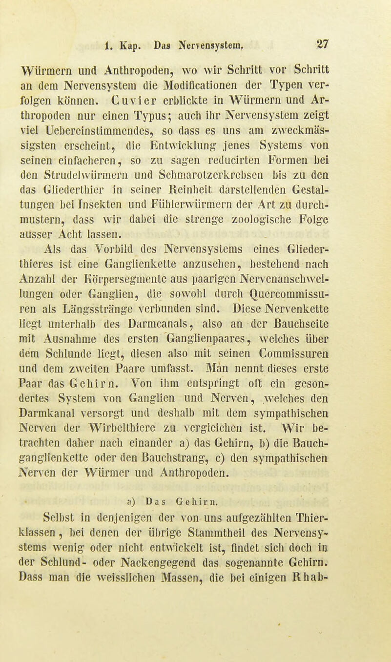 Würmern und Anthropoden, wo wir Schritt vor Scliritt an dem Nervensystem die Modificationen der Typen ver- folgen Icönnen. Cuvier erblickte in Würmern und Ar- thropoden nur einen Typus; auch ihr Nervensystem zeigt viel Uehereinstimraendes, so dass es uns am zweckmäs- sigsten erscheint, die Entwicklung jenes Systems von seinen einfacheren, so zu sagen reducirten Formen hei den Strudelwürmern und Schmarotzerkrehscn his zu den das Gliederthicr in seiner Reinheit darstellenden Gestal- tungen hei Insekten und Fühlervvürmern der Art zu durch- mustern, dass wir dabei die strenge zoologische Folge ausser Acht lassen. Als das Vorbild des Niervensystems eines Glieder- thieres ist eine Ganglienkette anzusehen, hestehend nach Anzahl der Körpersegmente aus paarigen Nervenanschwel- lungen oder Ganglien, die sowohl durch Quercommissu- ren als Längsslränge verbunden sind. Diese Nervenkette liegt unterhalb des Darmcanals, also an der Bauchseite mit Ausnahme des ersten Ganglienpaares, welches über dem Schlünde liegt, diesen also mit seinen Commissuren und dem zweiten Paare umfasst. 3Iän nennt dieses erste Paar das Gehirn. Von ihm entspringt oft ein geson- dertes System von Ganglien und Nerven, welches den Darmkanal versorgt und deshalb mit dem sympathischen Nerven der Wirbelthiere zu vergleichen ist. Wir he- trachten daher nach einander a) das Gehirn, b) die Bauch- ganglienkette oder den Bauchstrang, c) den sympathischen Nerven der Würmer und Anthropoden. a) Das G e h i r n. Selbst in denjenigen der von uns aufgezählten Thier- klassen , hei denen der übrige Stammtheil des Nervensy- stems wenig oder nicht entwickelt ist, findet sich doch in der Schlund- oder Nackengegend das sogenannte Gehirn. Dass man die weisslichen Massen, die bei einigen Rhah-