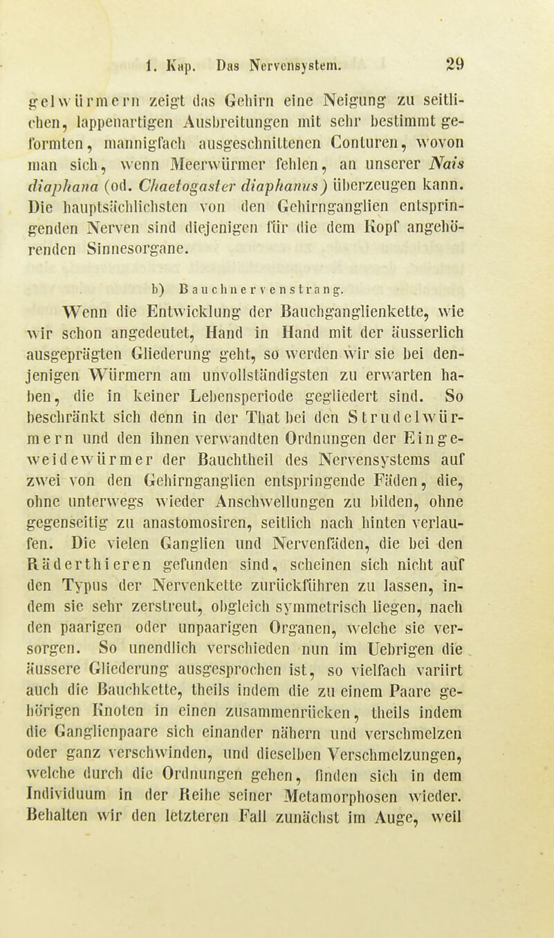 gel Würmern zeigt das Gehirn eine Neigung zu seitli- chen, lappenartigen Ausbreitungen mit sehr bestimmt ge- formten, mannigfach ausgeschnittenen Conlureii, wovon man sich, wenn Meerwürmer fehlen, an unserer Nais diaphana (od. Chaetogaster diaphanus) überzeugen kann. Die hauptsächlichsten von den Gchirnganglien entsprin- genden Nerven sind diejenigen für die dem Kopf angehö- renden Sinnesorgane. b) B a u c Ii n e 1 V e n s t r <i n g. Wenn die Entwicklung der Bauchganglienkette, wie wir schon angedeutet, Hand in Hand mit der äusserllch ausgeprägten Gliederung geht, so werden wir sie hei den- jenigen Würmern am unvollständigsten zu erwarten ha- ben, die in keiner Lebensperiode gegliedert sind. So beschränkt sich denn in der Tliat bei den Strudelwür- mern und den ihnen verwandten Ordnungen der Einge- weidewürmer der Baiichthcil des Nervensystems auf zwei von den Gehirnganglien entspringende Fäden, die, ohne unterwegs wieder Anschwellungen zu bilden, ohne gegenseitig zu anastomosiren, seitlich nach hinten verlau- fen. Die vielen Ganglien und Nervenfäden, die bei den Räderthieren gefunden sind, scheinen sich nicht auf den Typus der Nervenkette zurückführen zu lassen, in- dem sie sehr zerstreut, obgleich symmetrisch liegen, nach den paarigen oder unpaarigen Organen, welche sie ver- sorgen. So unendlich verschieden nun im Uebrigen die äussere Gliederung ausgesprochen ist, so vielfach variirt auch die Bauchkette, theils indem die zu einem Paare ge- hörigen Knolcn in einen zusammenrücken, theils indem die Ganglienpaare sich einander nähern und verschmelzen oder ganz verschwinden, und dieselben Verschmelzungen, welche durch die Ordnungen gehen, finden sich in dem Individuum in der Reihe seiner Metamorphosen wieder. Behalten wir den letzteren Fall zunächst im Auge, weil