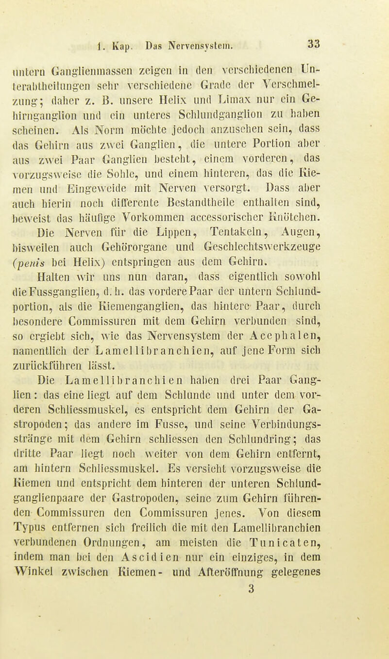 nnloni CangHeninassen zeigen iti den verschiedenen lln- lerahllieikingen sehr verschiedene Grade der Verschmel- znng; daher z. B. unsere ITelix und Limax nur ein Ge- hirnganglion und ein unteres Schlundganglion zu hahen scheinen. Als Norm möchte jedoch anzusehen sein, dass das Geliirn aus zwei Ganglien, die untere Portion aher aus zwei Paar Ganglien ])esteht, einem vorderen, das vorzugsweise die Sohle, und einem hinteren, das die Kie- men und Eingeweide mit Nerven versorgt. Dass aher auch hierin noch differente Bestandtheile enthallen sind, heweist das häufige Vorkommen accessorischer Knötchen. Die Nerven für die Lippen, Tentakeln, Augen, hisweilen auch Gehörorgane und Geschlechtswerkzeuge (ipems bei Helix) entspringen aus dem Gehirn. Halten wir uns nun daran, dass eigentlich sowohl die Fussganglien, d.h. das vordere Paar der untern Schlund- portion, als die Kiemenganglien, das hintere Paar, durch besondere Commissuren mit dem Gehirn verhunden sind, so ergieljt sich, wie das Nervensystem der Acephalen, namentlich der Lamel lihr anchien, auf jene Form sich zurückführen lüsst. Die Lamellihranchi en hahen drei Paar Gang- lien : das eine liegt auf dem Schlünde und unter dem vor- deren Schliessmuskel, es entspricht dem Gehirn der Ga- stropoden; das andere im Fusse, und seine Verhindungs- stränge mit dem Gehirn schliessen den Schlundring; das dritte Paar liegt noch weiter von dem Gehirn entfernt, am hintern Schliessmuskel. Es versieht vorzugsweise die Kiemen und entspricht dem hinteren der unteren Schlund- ganglienpaare der Gastropoden, seine zum Gehirn führen- den Commissuren den Commissuren jenes. Von diesem Typus entfernen sich freilich die mit den Lamellihranchien verhundencn Ordnungen, am meisten die Tunicaten, indem man l)ei den Ascidien nur ein einziges, in dem Winkel zwischen Kiemen- und Afteröffnung gelegenes 3