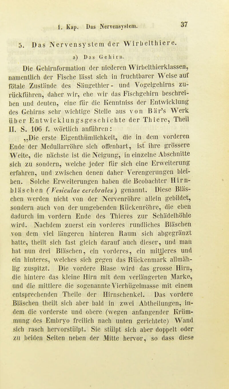 5. Das Nervensystem der Wirbelthiere. a) Das Geh im. Die Geirirnformation der niederen Wirbeltliierklassen, namentlich der Fische lässt sich in fruchtbarer Weise auf fötale Zustände des Säugethier- und Vogelg:ehirns zu- rückrühren, dalier \\h\ ehe wir das Fischgehirn beschrei- hen und deuten, eine für die Kenntniss der Entwicklung des Gehirns sehr wichtige Stelle aus von Bär's Werk über Entwicklung-sg-eschichte der Thiere, Theil II. S. lOö f. wörtlich anführen: „Die erste Eigenthümlichkeit, die in dem vorderen Ende der Medullarröhre sich offenbart, ist ihre grössere Weite, die nächste ist die Neigung, in einzelne Abschnitte sich zu sondern, welche jeder für sich eine Erweiterung erfahren, und zwischen denen daher Verengerungen blei- ben. Solche Erweiterungen haben die Beobachter Hirn- bläschen (Vesiculae cerebrales) genannt. Diese Bläs- chen werden nicht von der Nervenröhre allein gebildet, sondern auch von der umgebenden Rückenröhre, die eben dadurch im vordem Ende des Thieres zur Schädelhöhle wird. Nachdem zuerst ein vorderes rundliches Bläschen von dem viel längeren hinteren Raum sich abgegränzt hatte, theilt sich fast gleich darauf auch dieser, und man hat nun drei Bläschen, ein vorderes, ein mittleres und ein hinteres, welches sich gegen das Rückenmark allmäh- lig zuspitzt. Die vordere Blase wird das grosse Hirn, die hintere das kleine Hirn mit dem verlängerten Marke, und die mittlere die sogenannte Vierhügelmasse mit einem entsprechenden Theile der Hirnschenkel. Das vordere Bläschen theilt sich aber bald in zwei Abtheilungen, in- dem die vorderste und oi)ere (wegen anfangender Krüm- mung des Embryo freilich nach unten gerichtete) Wand sich rasch hervorstülpt. Sie stülpt sich aber doppelt oder zu beiden Seiten neben der Mitte hervor, so dass diese