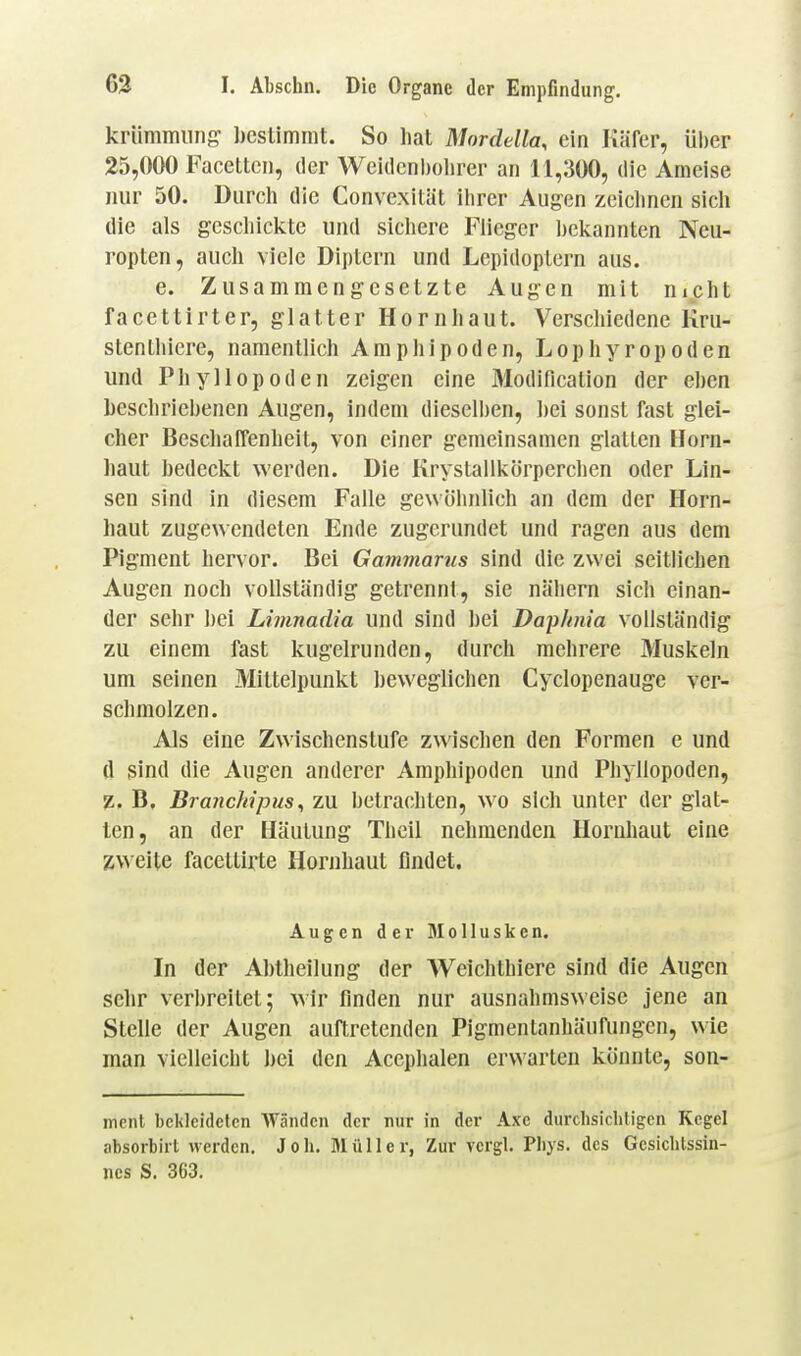 kriimmung- bestimmt. So liat Mordella, ein Käfer, über 25,000 Facetten, der Weiilcnbobrer an 11,300, die Ameise nur 50. Durch die Convexität ilirer Augen zeichnen sich die als gcschicl^te und sicliere Flieger bekannten Neu- ropten, auch viele Dij)tern und Lepidoptern aus. e. Zusammengesetzte Augen mit nicht facettirter, glatter Hornhaut. Verschiedene Kru- stenlhiere, namentlich Amphipoden, Lophyropoden und PhyHop Oden zeigen eine Älodification der eben beschriebenen Augen, indem dieselben, bei sonst fast glei- cher Beschaffenheit, von einer gemeinsamen glatten Horn- haut bedeckt werden. Die Krystallkörperchen oder Lin- sen sind in diesem Falle gewöhnlich an dem der Horn- haut zugewendeten Ende zugerundet und ragen aus dem Pigment hervor. Bei Gammarus sind die zwei seitlichen Augen noch vollständig getrennt, sie nähern sich einan- der sehr bei Limnadia und sind bei DapJmia vollständig zu einem fast kugelrunden, durch mehrere Muskeln um seinen Mittelpunkt beweglichen Cyclopenaug-e ver- schmolzen. Als eine Zwischenstufe zwischen den Formen e und d sind die Augen anderer Amphipoden und Phyllopoden, z. B, Branchipus^ zu betrachten, wo sich unter der glat- ten, an der Häutung Theil nehmenden Hornhaut eine z\\ eite facettirte Hornhaut findet, Augen der Mollusken. In der Ahtheilung der Weiclithiere sind die Augen sehr verbreitet; wir finden nur ausnahmsweise jene an Stelle der Augen auftretenden Pigmentanhäufiuigen, wie man vielleicht bei den Acephalen erwarten könnte, son- ment bekleideten Wänden der nur in der Axc durchsichtigen Kegel absorbirt werden. Job. Jlüller, Zur vergl. Pbys. des Gesichtssin- nes S. 363.