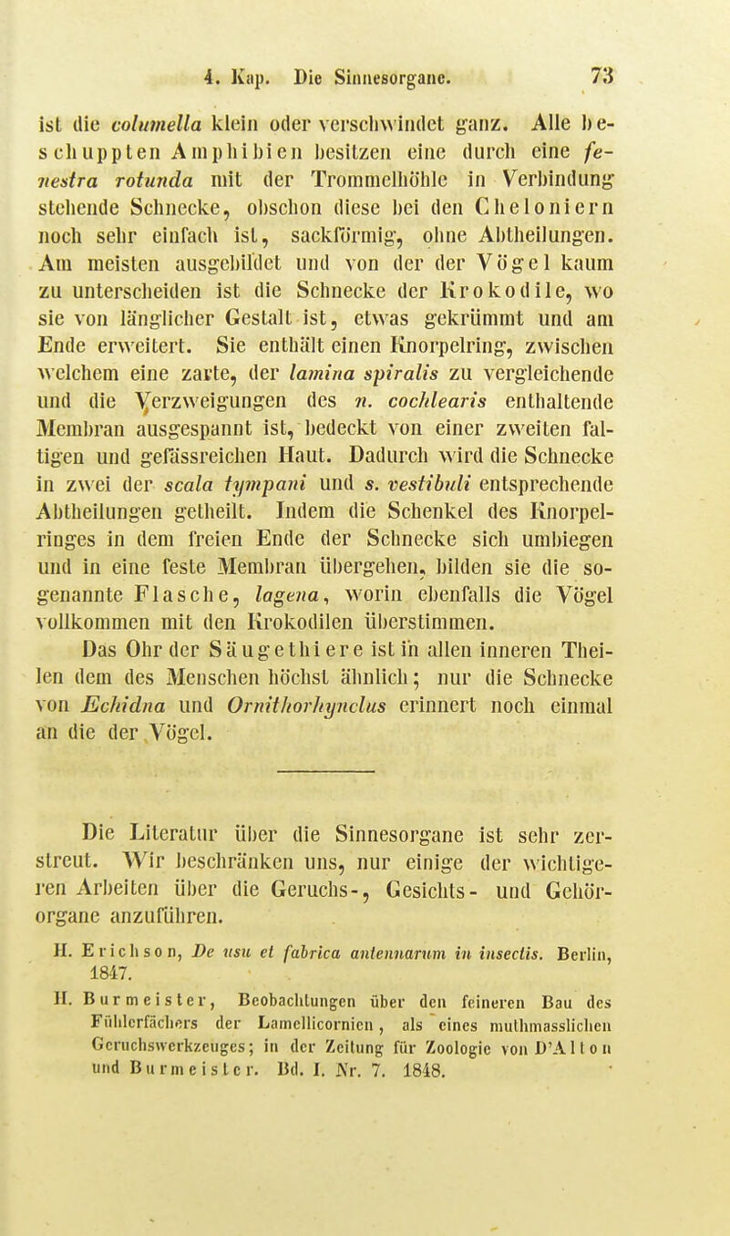 ist die columella klein oder vcrsclnviiulet g^anz. Alle be- schuppten Am p Iii bieii besitzen eine durch eine fe- vestra rotunda mit der Trommelhöhle in Verbindung- stehende Schnecke, obschon diese bei den Cheloniern noch sehr eiufacli ist, sackförmig, ohne Abtheilungen. Am meisten ausgebildet und von der der Vögel kaum zu unterscheiden ist die Schnecke der Krokodile, wo sie von länglicher Gestalt ist, etwas gekrümrat und am Ende erweitert. Sie enthält einen Knorpelring, zwischen Avelchem eine zavte, der lamina spiralis zu vergleichende und die Yerzweigungen des n. cochlearis enthaltende Membran ausgespannt ist, bedeckt von einer zweiten fal- tigen und gefassreichen Haut. Dadurch wird die Schnecke in zwei der scala tympani und s. vestibuli entsprechende Abtheilungen getheilt. Indem die Schenkel des Knorpel- ringes in dem freien Ende der Schnecke sich umbiegen und in eine feste Membran übergehen, bilden sie die so- genannte Flasche, lageiia, worin ebenfalls die Vögel vollkommen mit den Krokodilen überstimmen. Das Ohr der Säugethiere istih allen inneren Thei- len dem des Menschen höchst ähnlich; nur die Schnecke von Echidna und Ornithorhynclus erinnert noch einmal an die der Vögel. Die Literatur über die Sinnesorgane ist sehr zer- streut. Wir beschränken uns, nur einige der wichtige- ren Arbeiten über die Geruchs-, Gesichts- und Gehör- organe anzuführen. H. E rieh so n, De tisu et fabrica antennarum in insectis. Berlin, iai7. II. B u r m e 1 s t er, Beobaciilungen über den feineren Bau des Fiililcrfäclicrs der Lamellicornicn, als  eines mulhmassliclicn Gcriichsucrkzeiiges; in der Zeitung für Zoologie vonD'Alton und Burma ist er. Bd. I, J\r. 7. 1848.