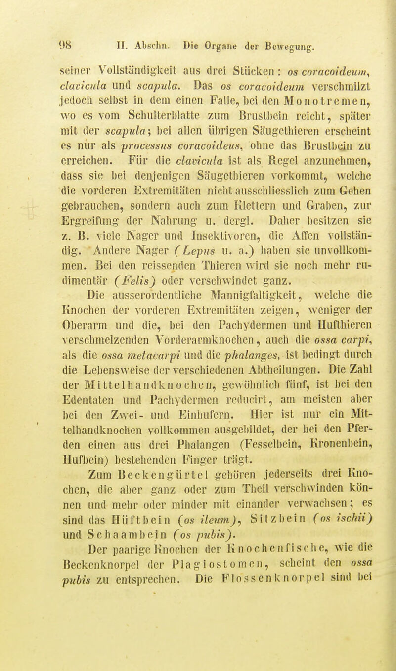 seiner Vollständiglceil aus drei Stücken : os coracoidew/i, davicnla und scapula. Das os coracoideum versclunilzl jedoch selbst in dein einen Falle, bei den Monotremen, wo es vom Schiilterblatte zum Brustbein reicht, später mit der scapula; bei allen iibrig'en Säugelliieren erscheint CS nur als processus coracoideus, ohne das I}rustl)e]n zu erreichen. Für die davicnla ist als Piegcl anzunehmen, dass sie bei denjenigen Säugethieren vorkommt, welche die vorderen Extremitäten nicht ausschliesslich zum Gehen gebrauchen, sondern auch zum Klettern und Gral)en, zur Ergreifung der Nahrung u. dergl. Daher besitzen sie z. B. viele Nager und Insektivoren, die Affen vollstän- dig. Andere Nager (Lepus u. a.) haben sie unvollkom- men. Bei den reissenden Thiercn wird sie noch mehr ru- dimentär (Felis) oder verschwindet ganz. Die ausserordentliche Mannigfaltigkeit, welche die Knochen der vorderen Extremitäten zeigen, weniger der Oberarm und die, bei den Pachydermen und Hufthieren verschmelzenden Vorderarmknochen, auch die ossa carpi^ als die ossa metacarpi und die phalaiiges, ist bedingt durch die Lebensweise der verschiedenen Abtheilungen. Die Zahl der Mittelhandknochen, gewöhnlich fünf, ist hei den Edentaten und Pachydermen rcducirt, am meisten aber i)ci den Zwei- und Einhufern. Hier ist nur ein Mit- tclhandknochen vollkommen ausgebildet, der bei den Pfer- den einen aus drei Phalangen (Fesselbein, Kronenl)ein, Hufbein) bestehenden Finger trägt. Zum Beckcngürtel gehören jederseits drei Kno- chen, die aber ganz oder zum Tbeil verschwinden kön- nen und mehr oder minder mit einander verwachsen; es sind das Hüftbein (os ileum), Sitzbein (os isckii) und Schaaml)ein (os ptibis). Der paarige Knochen der Knochenfisch e, wie die Beckenknorpel der Plagiostomen, scheint den ossa piibis zu entsprechen. Die Flossenknorpcl sind bei