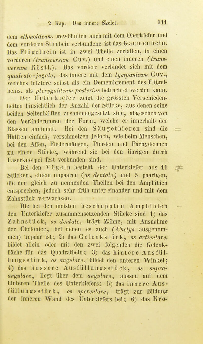 ilein etkmoidenm^ gewöhnlich auch mit dem Oberlilefer und dem vorderen Stirnbein verbundene ist das Gaumenbein. Das Flügel bei n ist in zwei Theile zerfallen, in einen vorderen (transverswn Cuv.) und einen inneren (trans- versum Köstl.). Das vordere verbindet sich mit dem quadrato-jugale^ das innere mit dem tympanician Cuv., welches letztere selbst als ein Demembrement des Flügel- beins, als pterygoideu7n posterius betrachtet werden kann. Der Unterkiefer zeigt die grössten Verschieden- heiten hinsichtlich der Anzahl der Stücke, aus denen seine beiden Seitenbälften zusammengesetzt sind, abgesehen von den Veränderungen der Form, welche er innerhalb der Klassen annimmt. Bei den Säugethieren sind die Hälften einfach, verschmelzen jedoch, wie beim Menschen, bei den Affen, Fledermäusen, Pferden und Pachydermen zu einem Stücke, während sie bei den übrigen durch Faserknorpel fest verbunden sind. Bei den Vögeln besteht der Unterkiefer aus 11 Stücken, einem unpaaren (os dentale) und 5 paarigen, die den gleich zu nennenden Theilen bei den Amphibien entsprechen, jedoch sehr früh unter einander und mit dem Zahnstück verwachsen. Die hei den meisten beschuppten Amphibien den Unterkiefer zusammensetzenden Stücke sind 1) das Zahnstück, os dentale, trägt Zähne, mit Ausnahme der Chelonier, bei denen es auch (Chelys ausgenom- men) unpaar ist; 2) das Gelenk stück, os articidare, J)ildet allein oder mit den zwei folgenden die Gelenk- fläche für das Quadratbein; 3) das hintere Ausfül- lungsstück, os angidare, bildet den unteren Winkel; 4) das äussere Ausfüllungsstück, os siipra- angulare, liegt über dem angulare, aussen auf dem hinteren Theile des Unterkiefers; ,5) das innere Aus- fUllungsstück, OS operculare, trägt zur Bildung der inneren Wand des Unterkiefers bei; 6) das Kro-