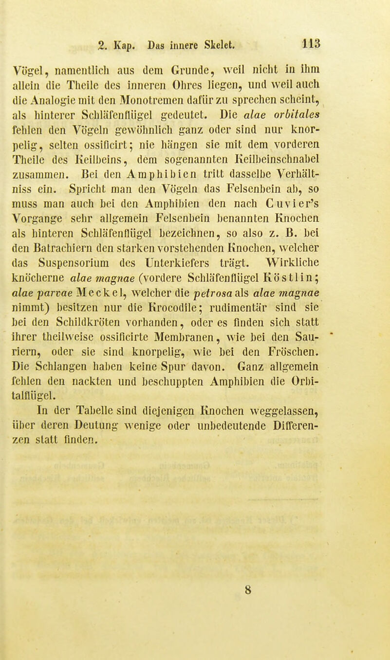 Vögel, namentlicli aus dem Grunde, weil nicht in ihm allein die Thcile des inneren Ohres liegen, und weil auch die Analogie mit den Monotremen dafür zu sprechen scheint, als hinterer Schläfenflügel gedeutet. Die alae orbitales fehlen den Vögeln gewöhnlich ganz oder sind nur knor- pelig, selten ossificirt; nie hängen sie mit dem vorderen Theile des Keiibeins, dem sogenannten lieilbeinschnahel zusammen. Bei den Amphibien tritt dasselbe Verhält- niss ein. Spricht man den Vögeln das Felsenbein al), so muss man auch hei den Amphibien den nach Cuvier's Vorgange sehr allgemein Felsenbein ])enannten Knochen als hinteren Schläfenflügel bezeichnen, so also z. B. hei den Batrachiern den starken vorstehenden Knochen, welcher das Suspensorium des Unterkiefers trägt. Wirkliche knöcherne alae magnae (vordere Schläfenflügel Köstlin; alae parvae Meckel, w^elcher die petrosa als alae magnae nimmt) besitzen nur die Krocodile; rudimentär sind sie hei den Schildkröten vorhanden, oder es finden sich statt ihrer theihveise ossiflcirte Membranen, wie hei den Sau- riern, oder sie sind knorpelig, wie hei den Fröschen. Die Schlangen haben keine Spur davon. Ganz allgemein fehlen den nackten und heschuppten Amphibien die Orbi- talflügel. In der Tahelle sind diejenigen Knochen weggelassen, über deren Deutung wenige oder unbedeutende Differen- zen statt finden. 8