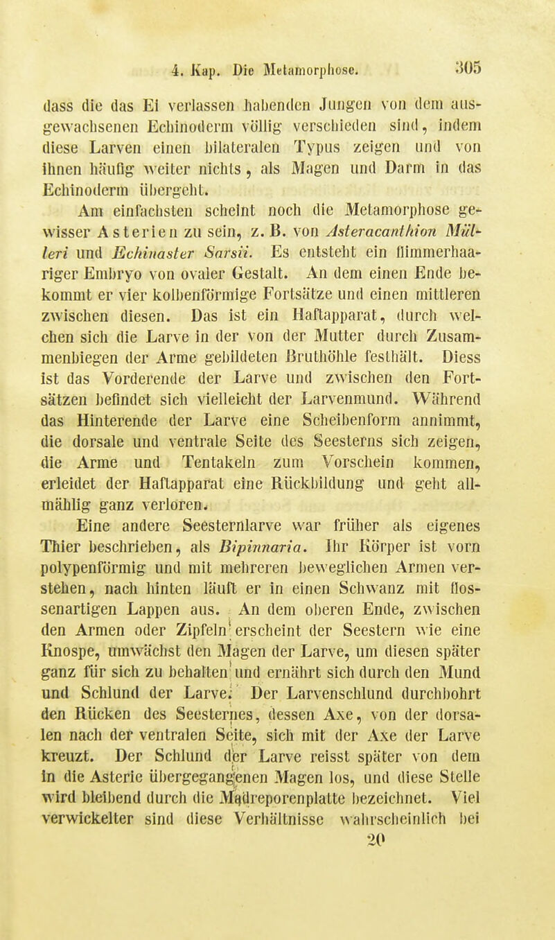 (lass die das Ei verlassen liabenden Jungen von dem aiis- gewaclisenen Ecliinodcrni völlig- verscliieden sind, indem diese Larven einen bilateralen Typus zeigen und von Ihnen häufig Aveiter nichts, als Magen und Darm in das Echinoderm übergeht. Am einfachsten scheint noch die Metamorphose ge- wisser Asterien zu sein, z.B. von Asteracanthion Mül leri und Echiitaster Sarsii. Es entsteht ein lliramerhaa- riger Embryo von ovaler Gestalt. An dem einen Ende be- kommt er vier kolbenförmige Fortsätze und einen mittleren zwischen diesen. Das ist ein Haftapparat, durch wel- chen sich die Larve in der von der Mutter durch Zusam- menbiegen der Arme gehildeten Bruthöhle festhält. Diess ist das Vorderende der Larve und zwischen den Fort- sätzen befindet sich vielleicht der Larvenmund. Während das Hinterende der Larve eine Scheibenform annimmt, die dorsale und ventrale Seite des Seesterns sich zeigen, die Arme und Tentakeln zum Vorschein kommen, erleidet der Haflapparat eine Rückbildung und geht all- mählig ganz verloren. Eine andere Seesternlarve war früher als eigenes Thier beschrieben, als Bipinnaria. Ihr Körper ist vorn polypenförmig und mit mehreren heweglichen Armen ver- stehen, nach hinten läuft er in einen Schwanz mit flos- senartigen Lappen aus. An dem oberen Ende, zwischen den Armen oder Zipfeln'erscheint der Seestern wie eine Knospe, umw^ächst den Magen der Larve, um diesen später ganz für sich zu hehalten und ernährt sich durch den Mund und Schlund der Larve; Der Larvenschlund durchbohrt den Rücken des Seesternes, dessen Axe, von der dorsa- len nach der ventralen Seite, sich mit der Axe der Larve kreuzt. Der Schlund der Larve reisst später von dem In die Asterie übergegangenen Magen los, und diese SteUe wird bleibend durch die Mfjdreporenplatte l)ezeichnet. Viel verwickelter sind diese Verhältnisse wahrscheinlich bei 20