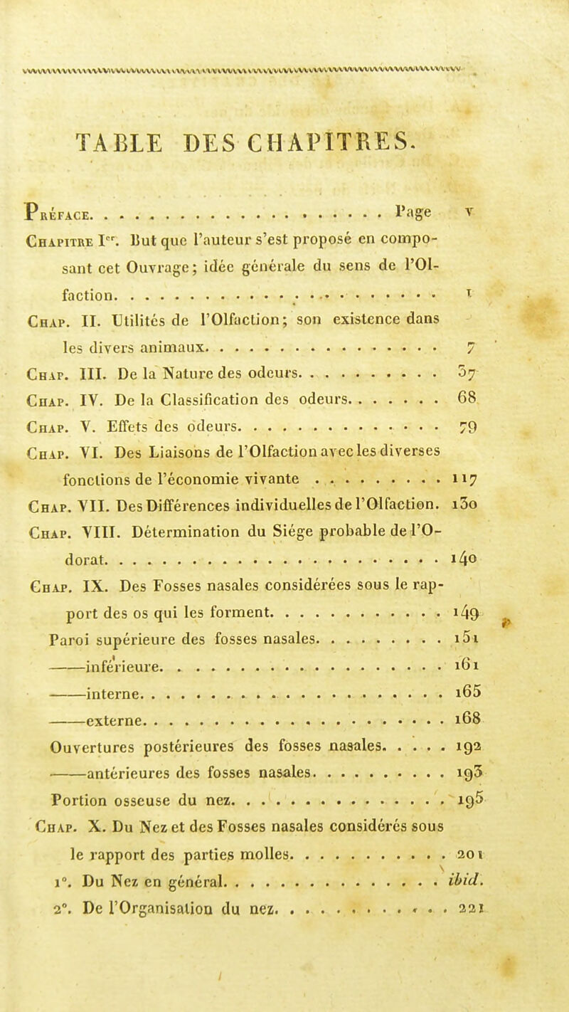 VVVVVViV\^(VVVV\X\iVVWWV\WV\\Aj\^^\rt.\A\^VWVV\VVX;V\'VV^ TABLE DES CHAPITRES. Préface l'âge v Chapitre I. But que l'auteur s'est proposé en compo- sant cet Ouvrage; idée générale du sens de l'Ol- faction i Chap. II. Utilités de l'Olfaction; son existence dans les divers animaux 7 Chap. III. De la Nature des odeurs oj Chap. IV. De la Classification des odeurs 68 Chap. V. Effets des odeurs 79 Chap. VI^ Des Liaisons de l'Olfaction avec les diverses fonctions de l'économie vivante 117 Chap. YII. Des Différences individuelles de l'Olfaction. i3o Chap. VIII. Détermination du Siège probable de l'O- dorat 140 Chap. IX. Des Fosses nasales considérées sous le rap- port des os qui les forment i49 Paroi supérieure des fosses nasales i5i inférieure 161 interne i65 externe 168 Ouvertures postérieures des fosses nasales 192 antérieures des fosses nasales 195 Portion osseuse du nez. . iqS Chap. X. Du Nez et des Fosses nasales considérés sous le rapport des parties molles 201 1°. Du Nez en général ihid. 2°. De rOrganisatioD du nez 321