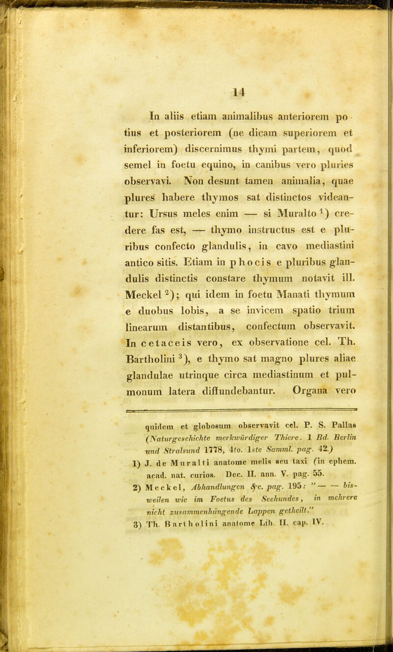 Iu aliis etiam auimalibus anteiiorem po tius et posteriorem (ne dicam superiorem et inferiorem) discernimus thymi partem, quod semel in foetu equino, in canibus vero pluries observavi. Non desunt tamen aninialia, quae plures habere thymos sat distinctos videan- tur: Ursus meles enim — si Muralto^) cre- dere fas est, — thymo instructus est e phi- ribus confecto glandulis, in cavo mediastini antico sitis. Etiam in p h o c i s e phiribus glan- dulis distinctis constare thymum notavit ill. Meckel^); qui idem in foetu Manati thymum e duobus lobis, a se invicem spatio trium linearum distantibus, confectum observavit. In cetaceis vero, ex observatione cel. Th. Bartholini ^), e thymo sat magno phires aliae glandulae utrinque circa mediastinum et pul- monum latera diffundebantur. Organa vero quidem et globoBum oljservavit cel. P. S. Palliis (Naturgeschichte merkwiirdiger Thicrc. 1 Bd. Berlin %md Strahnnd 1778, ito. Iste Samml. img. 42.) 1) J. de Miiralti anatome melis «eu taxi (m ephem. acad. nat. curios. Dec. II. ann. V. pag. 55. 2) Meckel, Abhandlungcn ^-c. pag. 195;  bis- weilen wie im Foeius des Seehundcs, in mehrere nicht zusnmmenhdngende Lappen getheilt. 3) Th. Bartholini anatome Lib. II. cap. IV.