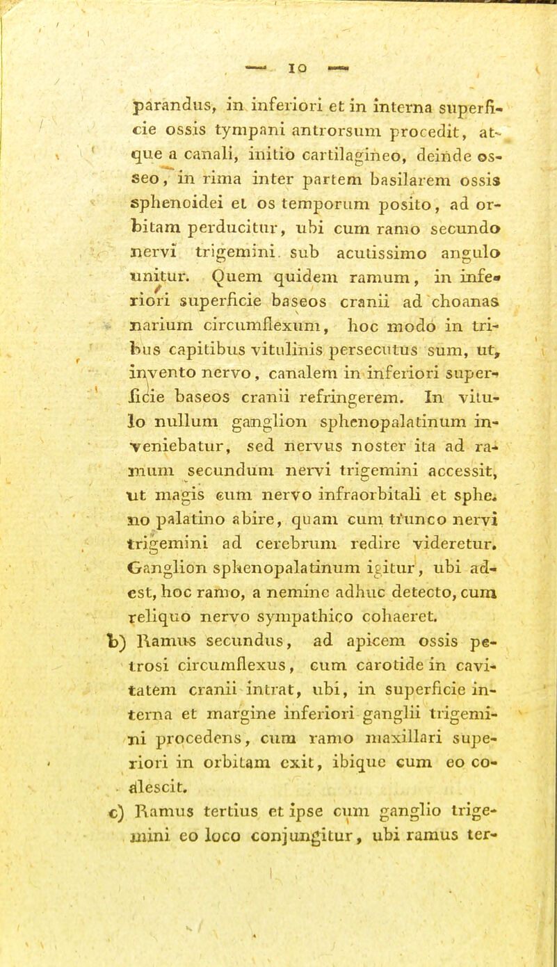 parandus, in inferiori et in interna siiperli- cie ossis tympani antrorsum procedit, at- que a canali, initio cartilagineo, deiride os- seo, in rima inter partem basilarem ossis sphenoidei el os temporum posito, ad or- bitam perducitur, ubi cum ramo secundo nervi trigemini. sub acutissimo angulo unitur. Quem quidem ramum, in infe» riori superiicie baseos cranii ad choanas narium circumflexum, hoc modo in tri- hus capitibus vitulinis persecutus sum, ut, invento nervo, canalem in inferiori super*? licie baseos cranii refringerem. In vilu- lo nuUum ganglion sphenopalatinum in- veniebatur, sed nervvis noster ita ad ra- mum secundum nervi trigemini accessit, Mt magis eum nervo infraorbitali et sphe^ no palatino abire, quam cum ti-unco nervi trigemini ad cerebrum redire videretur. Ganglion sphenopalatinum igitur, ubi ad- est, hoc ramo, a neminc adhuc detecto, cum reliquo nervo sympathico cohaeret. Ramus secundus, ad apicem ossis pe- trosi circumflexus, cum carotide in cavi- tatem cranii intrat, ubi, in superficie in- terna et margine inferiori ganglii trigemi- ni procedens, cum ramo maxillari supe- riori in orbitam cxit, ibiquc cum eo co- «llescit. c) Ramus tertius et ipse cum ganglio irige- jiiini eo loco conjongitur, ubi ramus ter-