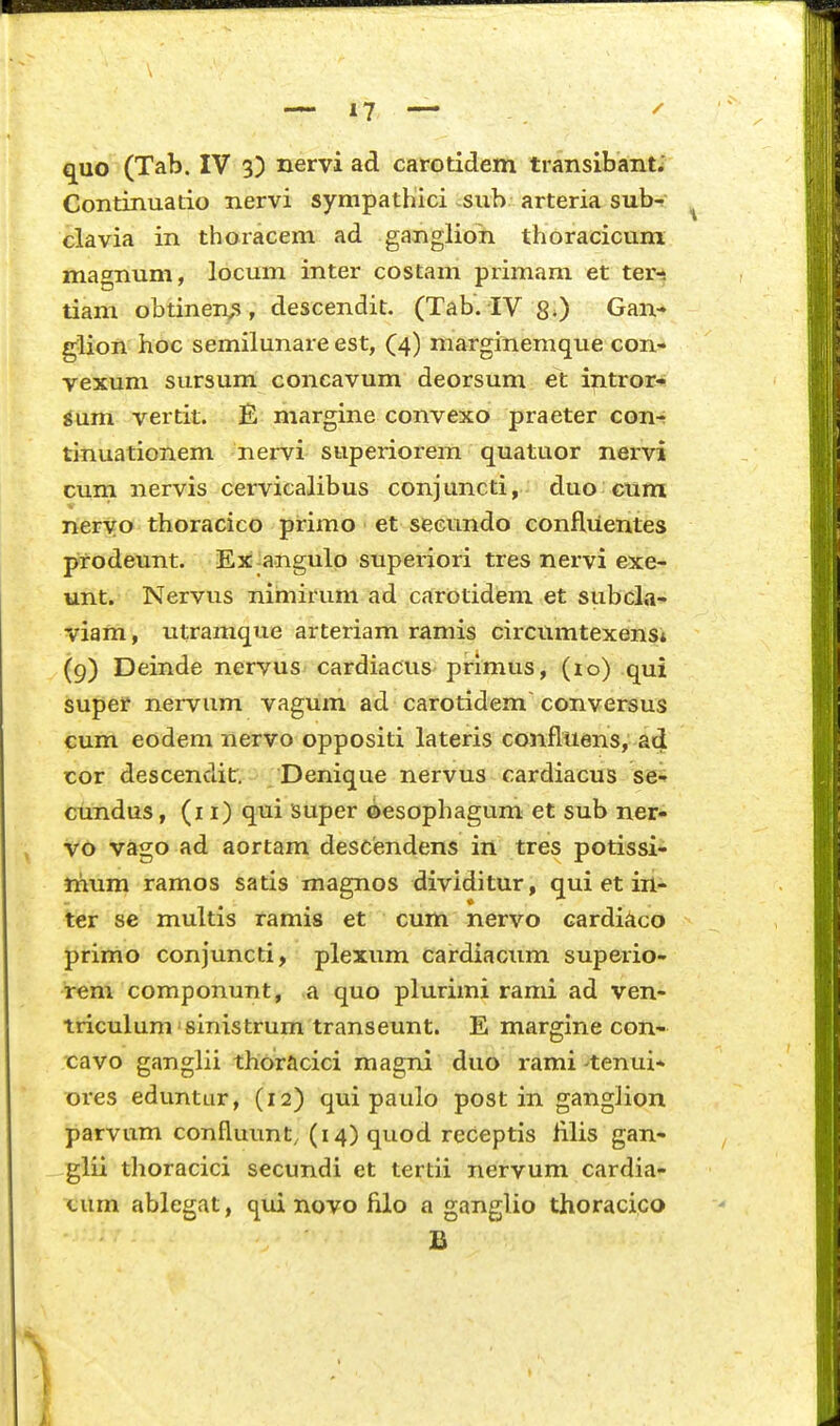 q^uo (Tab. IV 3) nervi ad carotidem transibant. Continuado nervi sympathici sub arteria sub-f clavia in thoracem ad ganglioh thoracicum mao^num, locum inter costam primam et tern tiam obtinen;?, descendit. (Tab. IV 8») Gan- glion hoc semilunare est, (4) marginemque con- vexum sursum concavum deorsum et ijitror- gum vertit. E margine convexo praeter con-^ tinuationem nervi superiorem quatuor nervi cum nervis cervicalibus conjuncti, duo cum nerVo thoracico primo et secundo confluentes prodeunt. Ex angulo superiori tres nervi exe- unt. Nervus nimirum ad carotidem et subcla- viam, utramque arteriam ramis circumtexenst (9) Deinde nervus cardiacus primus, (10) qui super nervum vagum ad carotidem' conversus cum eodem nervo oppositi lateris confluens, ad cor descendit. Denique nervus cardiacus se- cundus, (11) qui super oesophagum et sub ner- vo vago ad aortam desciendens in tres potissi- nium ramos satis magnos dividitur, qui et in- tier se multis ramis et cum nervo cardiaco primo conjuncti, plexum cardiacum superio- rem componunt, a quo plurimi rami ad ven- triculum sinistrum transeunt. E margine con- cavo ganglii thdracici magni duo rami -tenui* ores eduntur, (12) qui paulo post in ganglion parvum confluunt, (i4)quod receptis lilis gan- glii thoracici secundi et tertii nervum cardia- tum ablegat, qui novo filo a ganglio thoracico B