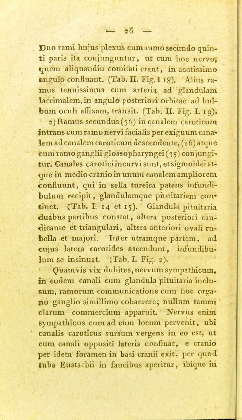 Duo rami hujus plexus cum ramo secundo quin- ti paris ita conjunguntur, ut cum hoc nervo, quem aliquandiu comitati erant, in acutissimo angulo confluant. (Tab. II. Fig. 11 g). Alius ra- mus tenuissimus cum arteria ad glandulam lacrimalem, in angulo posteriori orbitae ad bul- bum oculi affixam, transit. (Tab. II. Fig. I. 19). 2) Ramus secundus (36) in canalem caroticum intrans cum ramo nervi facialis per exiguum cana* lemadcanalem caroticum descendente, (16) atque cum ramo ganglii glossopharyngei (3 5) conjungi- tur. Canales caroticiincurvisunt, etsigmoideiat- que in medio cranioinunum canalemampliorem confluunt, qui in sella tureica patens infundi- bulum recipit, glandulamque pituitariam con- tinet, (Tab. I. 14 et 15). Glandula pituitaria duabus partibus constat, altera posterioii can- dicante et triangulari, altera anteriori ovali ru- bella et majori, Inter utramque partem, ad cujus latera carotides ascendunt, infundibu- lum se insinuat. (Tab. I. Fig. 2). Quamvis vix dubites,nervumsympathicum, in eodem canali cum glandula pituitaria inclu- €um, ramorum communicatione cum hoc orga- yio ganglio simillimo cohaererej nuUnm tamen clarum commercium apparuit. Nervus enim sympathicus cum ad eum locum pervenit, ubi canalis caroticus sursum vergens in eo est, ut cum canali oppositi lateris confluat, e cranio per idem foramen in basi cranii exit, per quod tuba Eustachii in faucibus aperitur, ibique in