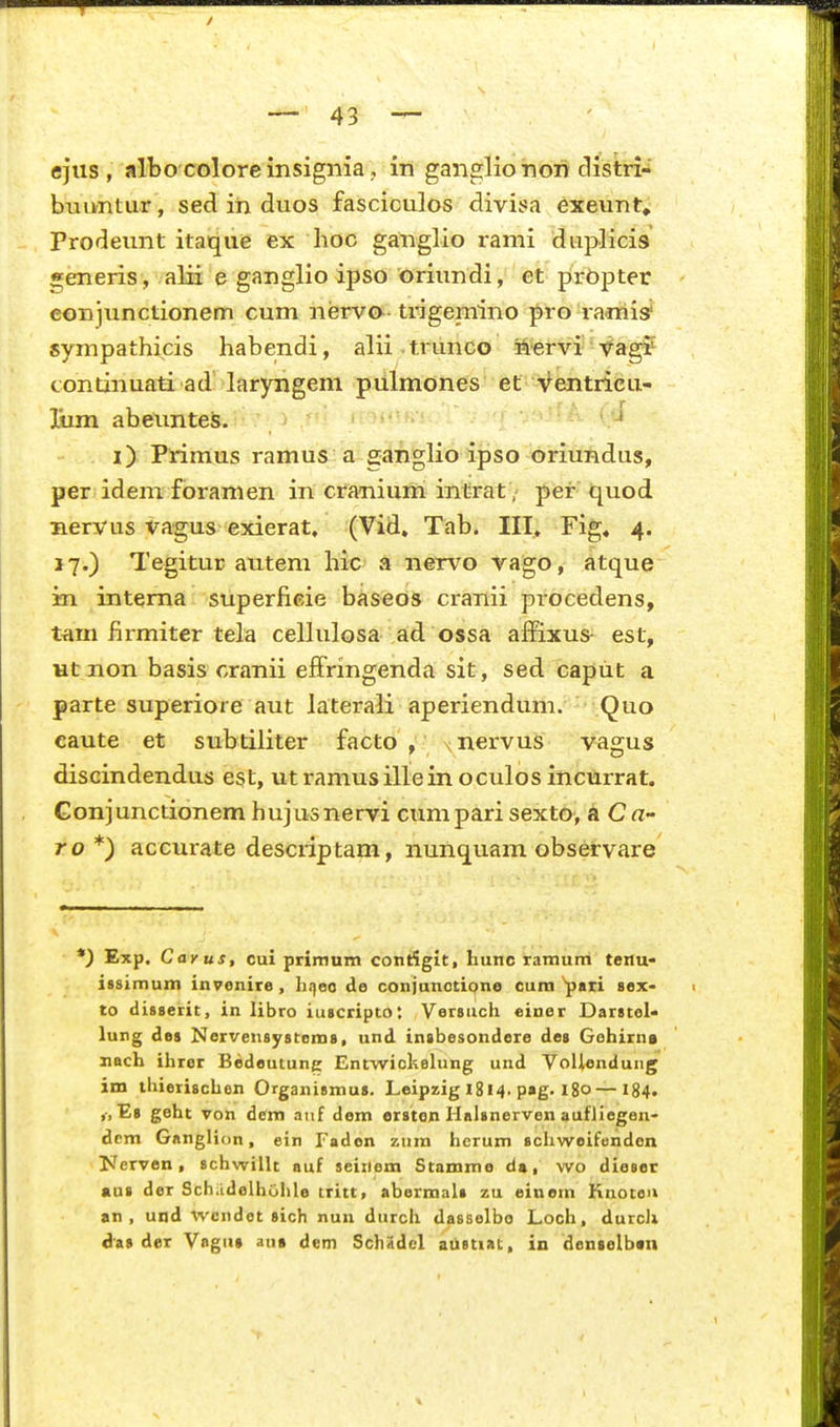 ejus , albo colore insignia, in ganglio nori clistri- buimtur, sed iri duos fasciculos divisa exeunt, Prodeunt itaque ex hoc ganglio rami dtiplicis generis , alii e ganglio ipso oriundi, et prOpter eonjunctionem cum nervo trigemino pro raniis^ sympathicis habendi, alii trimco feervi fagf continuati ad laryngem piilmones ef Ventricu- Bim abeuntes. • ^ i) Primus ramus a ganglio ipso oriundus, per idem foramen in cranium intrat, per quod nervus vagus exierat. (Vid» Tab. III. Fig« 4. 17.) Tegitur autem hic a nervo vago, atque in intema superfieie baseos cranii procedens, trim firmiter tela cellulosa ad ossa affixus- est, Ht non basis oranii effringenda sit, sed capiit a parte superiore aut laterali aperiendum. Quo eaute et subtiliter facto , ^nervus vagus discindendus est, utramusillein oculos incurrat. Gonjunctionem hujusnervi cumpari sexto, aCa- ro*) accurate descriptam, nuriquam observare *) Exp. Cavus, cui prirnum contSgit, hunc ramurri tenu- issimum invenire, hqeo de conjunctipno cum pari sex- to disserit, in libro itucripto: Versiich eiuer Darstel- lung des Nervensjrstoms, und insbesondere des Gohirns nach ihrer Bedeutune Entwichelung und VoUendung im ihierischon Organismus. Leipzig 1814. p«g. i8o—184. «•«TEs geht von dem anf dem orsten Halsnerven aufliegen- dem Ganglion, ein Fadon ziim herum schweifendon IJervon, schwillt auf seiiiem Stamme da, wo dieser aus der Schridelhohle tritt, abermals zu einem Knotoi» an , und wcndot sich nun durch dasselbo Loch, durcli das der Vagu» ans dem Schlidcl atlstiat, in denselbtn