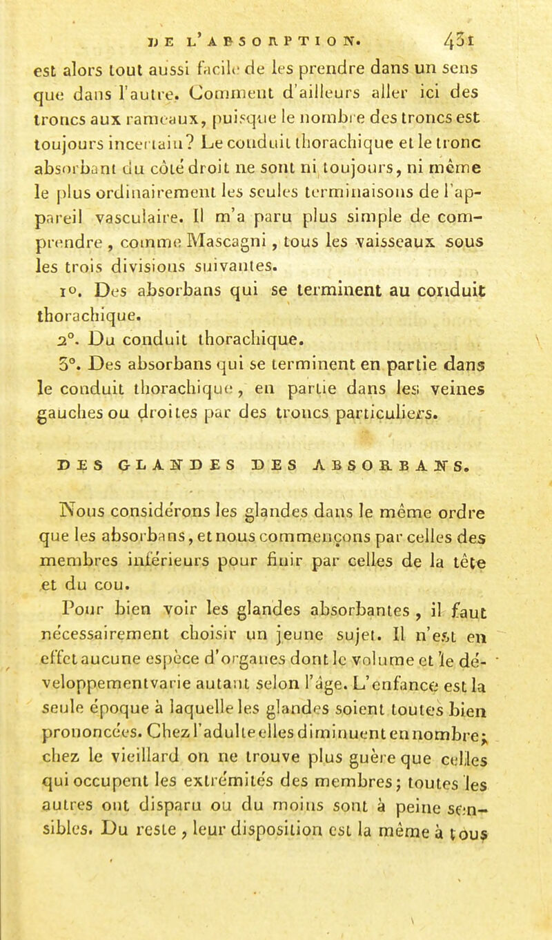 WE l'ABSORPTION. 4^* est alors loul aussi fricilc de les prendre dans un sens que dans l'autre. Comment d'ailleurs aller ici des troncs aux ramcyux, puisque le nombi e des troncs est toujours incei iaiu? Le conduil lliorachique et le tronc absorbant du côte droit ne sont ni toujours, ni même le plus ordinairement les seules terminaisons de l'ap- pareil vasculaire. Il m'a paru plus simple de com- prendre , comme Mascagni, tous les vaisseaux sous les trois divisions suivantes. lo. Des absorbans qui se terminent au conduit thorachique. 2°. Du conduit thorachique. 3°. Des absorbans qui se terminent en partie dans le conduit thorachique;, en partie dans leîi veines gauches ou droites par des troncs particuliers. DES GLAîfDES DES ABSORBAISTS. JN^ous considérons les glandes dans le même ordre que les absorbons, et nous commençons par celles des membres inierieurs pour finir par celles de la tête et du cou. Pour bien voir les glandes absorbantes , il faut nécessairement choisir un jeune sujet. Il n'est en effet aucune esf)èce d'organes dont le volume et'le de- veloppementvarie autant selon l'âge. L'enfance est la seule époque à laquelle les glandes soient toutes bien prononcées. Chez l'adulte elles diminuent en nombre j chez le vieillard on ne trouve plus guère que celles qui occupent les extre'mitës des membres; toutes les autres ont disparu ou du moins sont à peine sen- sibles. Du reste , leur disposition est la même à tou?