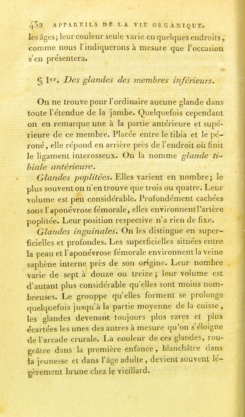 les âges j leur couleur seule varie en quelques endroits, comme nous l'indiquerons à mesure que l'occasion s'en présentera. § ler. Des glandes des membres inférieurs. On ne trouve pour l'ordinaire aucune glande dans toute l'étendue de la jambe. Quelquefois cependant on en remarque une à la partie ante'rieure et supe'- rieure de ce membre. Place'e entre le tibia et le pe'- roné, elle re'pond en arrière près de l'endroit oia finit le ligament interosseux. On la nomme glande ti- biale antérieure. Glandes poplitées. Elles varient en nombre j le plus souvent on n'en trouve que trois ou quatre. Leur volume est peu conside'rable. Profondement cachées sous l'aponévrose fémorale, elles environnent l'artère poplitée. Leur position respective n'a rien de fixe. Glandes inguinales. On les distingue en super- ficielles et profondes. Les superficielles situées entre la peau et l'aponévrose fémorale environnent la veine saphène interne près de son origine. Leur nombre varie de sept à douze ou treize j leur volume est d'autant plus considérable qu'elles sont moins nom- breuses. Le grouppe qu'elles forment se prolonge quelquefois jusqu'à la partie moyenne de la cuisse, les glandes devenant toujours plus rares et plus écartées les unes des autres à mesure qu'on s'éloigne de l'arcade crurale. La couleur de ces glandes, rou- gcdire dans la première enfance , blaucliâtre dans la jeunesse et dans l'âge adulte, devient souvent lé- cèremenl brune chez le viçillard.