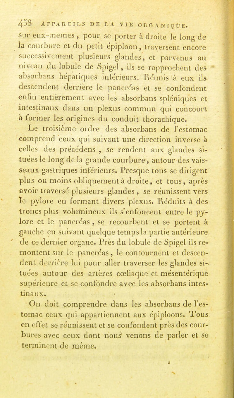 sur eux-aiemes , pour se porter à droite le long de la courbure et du petit épiploon, trayersent encore successivement plusieurs glandes, et parvenus au niveau du lobule de Spigel, ils se rapprochent des absorbais hépatiques inférieurs. Reunis à eux ils descendent derrière le pancréas et se confondent enfin entièrement avec les absorbans sple'niques et intestinaux dans un plexus commun qui concourt à former les origines du conduit ihorachique. Le troisième ordre des absorbans de l'estomac comprend ceux qui suivant une direction inverse à celles des pre'cédens , se rendent aux glandes si- tuées le long de la grande courbure, autour des vais- seaux gastriques inférieurs. Presque tous se dirigent plus ou moins obliquement à droite, et tous, après avoir traversé plusieurs glandes , se réunissent vers ïe pylore en formant divers plexus. Réduits à des troncs plus volumineux ils s'enfoncent entre le py- lore et le pancréas , se recourbent et se portent à gauche en suivant quelque temps la partie antérieure de ce dernier organe. Près du lobule de Spigel ils re- montent sur le pancréas, le contournent et descen- dent derrière lui pour aller traverser les glandes si- tuées autour des artères cœliaque et mésentérique supérieure et se confondre avec les absorbans intes- tinaux. On doit comprendre dans les absorbans de l'es- tomac ceux qui appartiennent aux épiploons. Tous en effet se réunissent et se confondent près des cour- bures avec ceux dont iious^ venons de parler et se terminent de même. d ■s