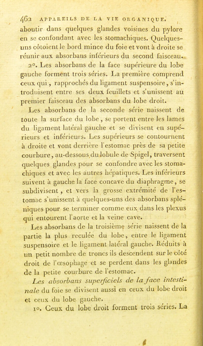 aboutir dans quelques glandes voisines du pylore en se confondant avec les stomachiques. Quelques- uns côtoient le bord mince du foie et vont à droite se réunir aux absorbans inférieurs du second faisceau. 2.°. Les absorbans de la face supérieure du lobe gauche forment trois se'ries. La première comprend ceux qui, rapproches du ligament suspensoire, s'in- troduisent entre ses deux feuillets et s'unissent au premier faisceau des absorbans du lobe droit. Les absorbans de la seconde série naissent de toute la surface du lobe , se portent entre les lames du ligament late'ral gauche et se divisent en supé- rieurs et inférieurs. Les supérieurs se contournent à droite et vont derrière l'estomac près de sa petite courbure, au-dessous,dulobule de Spigel, traversent quelques glandes pour se confondre avec les stoma- chiques et avec les autres hépatiques. Les inférieurs suivent à gauche la face concave du diaphragme, se subdivisent, et vers la grosse extrémité de l'es- tomac s'unissent à quelques-uns des absorbans splé- niques pour se terminer comme eux dans les plexus qui entourent l'aorte et la veine cave. Les absorbans de la troisième série naissent de la partie la plus reculée du lobe, entre le ligament suspensoire et le ligament latéral gauche. Réduits à un petit nombre de troncs ils descendent sur le côté droit de l'œsophage et se perdent dans les glandes de la petite courbure de l'estomac. Les absorbans superficiels de la face intesti- nale du foie se divisent aussi en ceux du lobe droit et ceux du lobe gauche. 10. Ceux du lobe droit forment trois séries. La ê