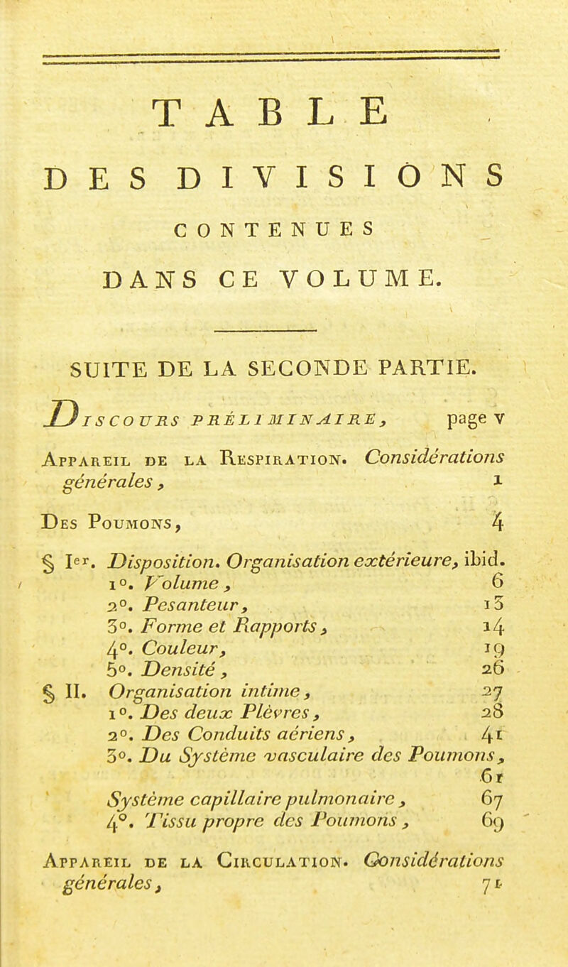 TABLE DES DIVISIONS CONTENUES DANS CE VOLUME. SUITE DE LA SECONDE PARTIE. SCOURS PRÉL13IINAIRE, page V Dr Appareil de la Respiration. Considérations générales, i Des Poumons, 4 § 1er. Disposition. Organisation extérieure, \h\d. 1°. y'olume , 6 2°. Pesanteur, i3 3°. Forme et Rapports , i4 4°. Couleur, 19 5°. Densité , 26 5 II. Organisation intime, 27 1°, Des deux Plèvres, 28 n^. Des Conduits aériens, l\t 30, J)a Système njasculaire des Poumons, .6r Système capillaire pulmonaire , 67 4°. Tissu propre des Poumons , 69 Appareil de la Circulation. Considérations générales, 71-