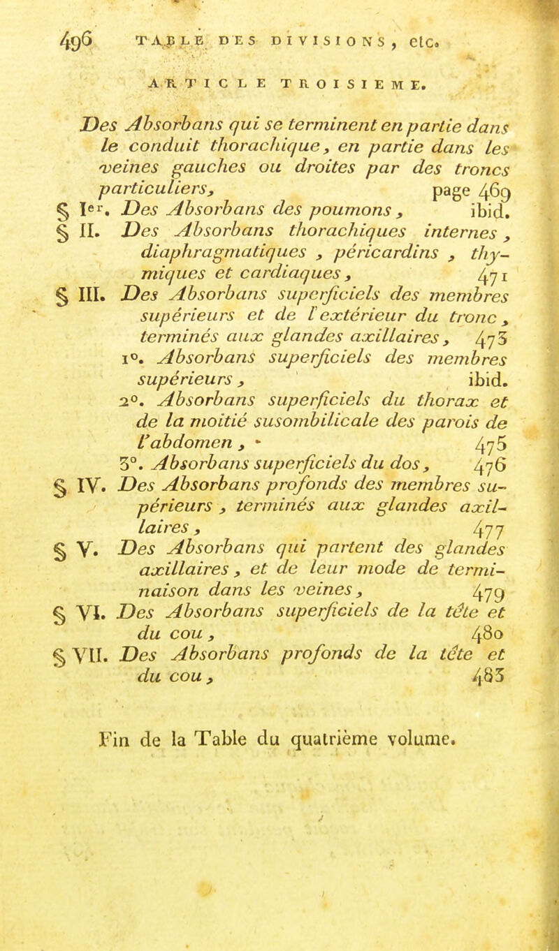 TA,4Î.L.B; DES DIVISIONS, GlC. A Tl TICLE TROISIEME, Des Ahsorhans qui se terminent en partie dans le conduit thoracJdque, en partie dans les 'veines gauches ou droites par des troncs particuliers, page 469 § lei-. Des Ahsorhans des poumons , ibid. § II. Des Ahsorhans thorachiques internes, diaphragmatiques , péricardins , thy- miques et cardiaques y 4yi § III. Des Ahsorhans superficiels des membres supérieurs et de lextérieur du tronc ^ terminés aux glandes axillaires , 475 i, Ahsorhans superficiels des memhres supérieurs, ibid. 20. Ahsorhans superficiels du thorax et de la moitié susomhilicale des parois de Vahdomen , * 47 5 3°. Ahsorhans superficiels du dos, 476 § IV. Des Ahsorhans profonds des memhres su- périeurs , terminés aux glandes axil-~ laires, 477 § V. -De^ Ahsorhans qui partent des glandes axillaires, et de leur mode de termi- naison dans les ^veines , 479 § VJ. Des Ahsorhans superficiels de la tête et du cou , 480 § VII. Des Ahsorhans profonds de la tête et du cou y 4^5 Fin de la Table du quatrième volume.