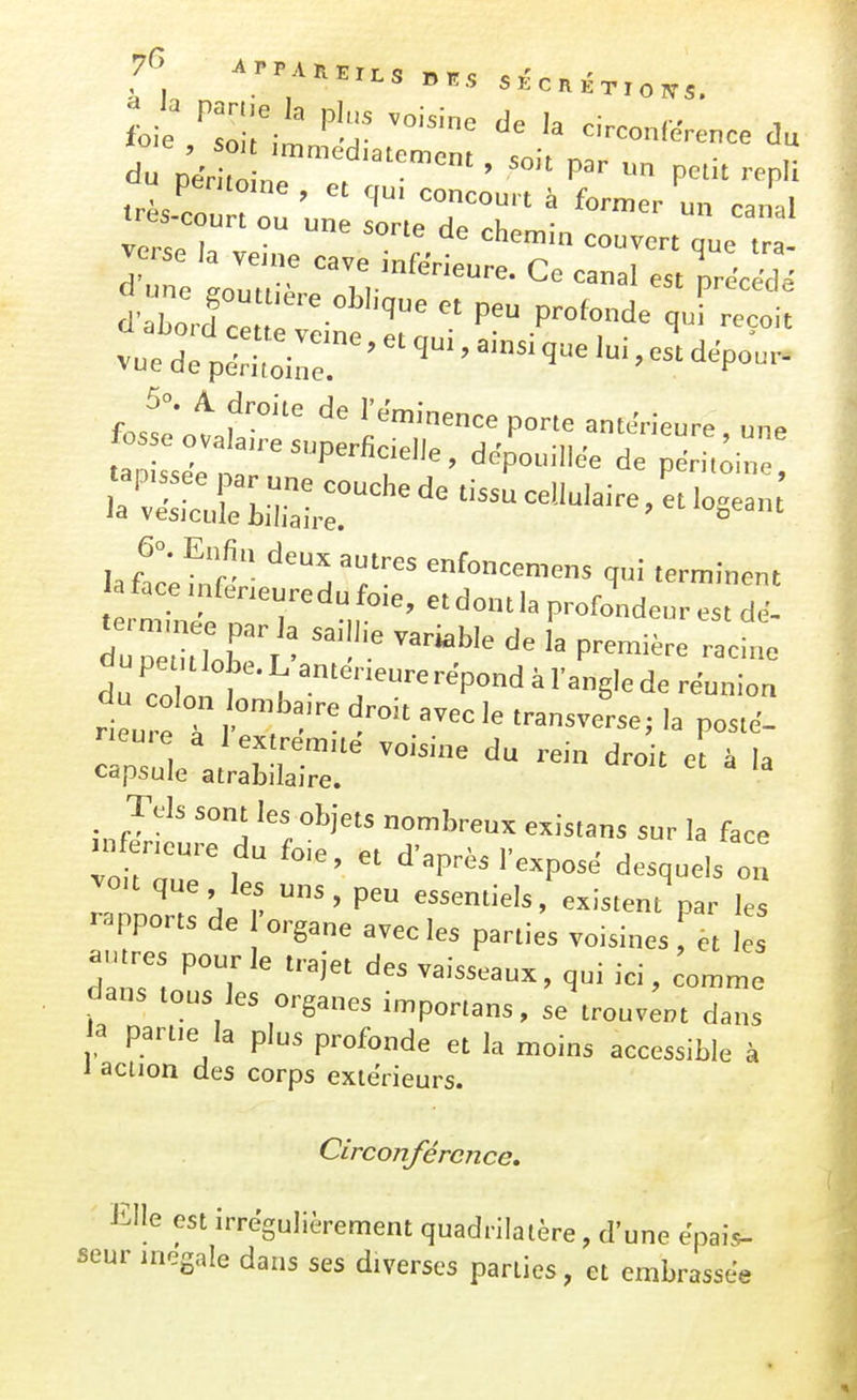 fo e oIm- ''t;' rirconférence du u pentome, et qu, concourt à former un canal ZTlTl ™^ ^ couvert que d ne Lutt^ -ve .nfeVieure. Ce canal est précéda vue de peVoire ' ' ^™ ' ^^P-- 5». A droite de l'e'minence porte antérieure une fo se ova a,resuperfic,ene, de ouillée de I laftcefn'r!; '^'Yf:''^ enfoncemens qui terminent a tace inférieure du fo,e, et dont la profondeur est dé- du co nt ■ ^ ^'P^ ' ''^S'^ de réunion lo l f r-'' droit e à la Cdpsule atrabilaire. ^ Tels sont les objets nombreux existans sur la face t:t;ri aVèsl-expose desquels :: yon que les uns, peu essentiels, existent par les rapports de 'organe avec les parties voisines f et les autres pour le trajet des vaisseaux, qui ici, comme dans tous les organes importans, se trouver,t dans a partie la plus profonde et la moins accessible à 1 action des corps extérieurs. Circonférence» Elle est irrégulièrement quadrilatère, d'une ëpai« ts- seur )rassee inégale dans ses diverses parties, et embr