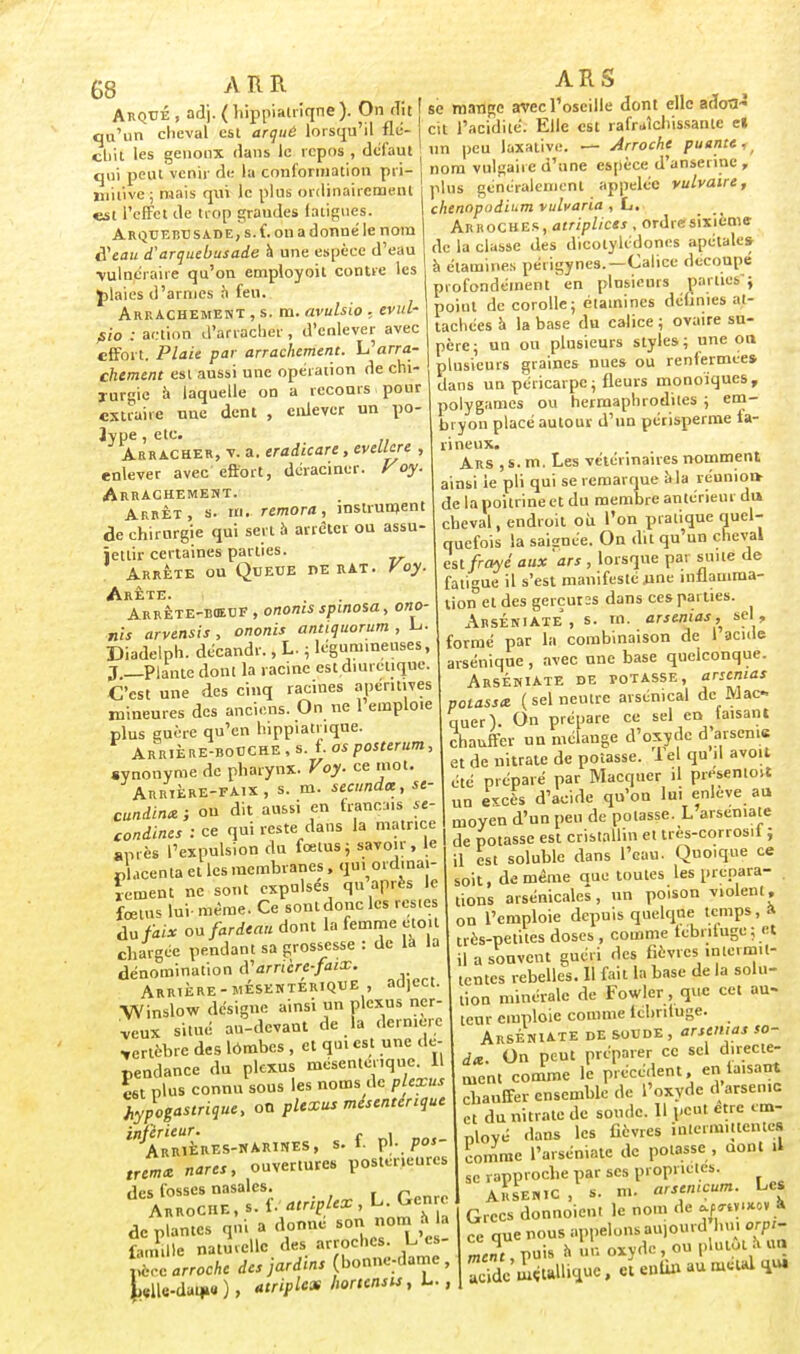 Arqué , adj. (hippiatriqne). On dit qu'un cheval est arqué lorsqu'il flé- chit les genoux dans le repos , défaut qui peut venir de la conformation pri- mitive; mais qui le plus ordinairement «si l'effet de trop graudes (alignes. Arquebusade, s. f. on a donné le nom ffeau d'arquebusade à une espèce d'eau •vulnéraire qu'on employoit contre les J>laies d'armes à feu. Arrachement , s. m. avulsio , evul- sio : action d'arracher, d'enlever avec effort. Plaie par arrachement. L'arra- chement est aussi une opération de chi- rurgie à laquelle on a recours pour extraire une dent , enlever un po- lype, etc. Arracher, v. a. eradicare, eveUcre , enlever avec' effort, déraciner. Voy. Arrachement. Arrêt, s. ut., rémora, instrument de chirurgie qui sert a arrêter ou assu- jettir certaines parties. Arrête ou Queue de rat. Voy. Arête. Arrête-bœuf , ononis spinosa, ono- nis arvensis , ononis antiquorum , L. Diadelph. décandr., L- ; lcgum.neuses, J.—Plante dont la racine estdiurctique. C'est une des cinq racines apentiyes mineures des anciens. On ne 1 emploie plus guère qu'en hippiatriqne. Arrière-bouche, s. f. os posterum, synonyme de pharynx. Voy. ce mot. Arrtère-faix, s. m. secundee, se- cundina ; on dit aussi en franeuis se- condées : ce qui reste dans la matrice après l'expulsion du fœtus ; savoir, le placenta et les membranes, qui ordinai- rement ne sont expulses qu après le foetus lui- même. Ce sont donc les restes du faix ou fardeau dont la femme ctoit chargée pendant sa grossesse : de la la dénomination arrière-faix. Arrière - mésenterique , adject. Winslow désigne ainsi un plexus ner- veux situé au-devant de la dernière vertèbre des lombes , et qui est une dé- pendance du plexus mésenterique. Il est plus connu sous les noms de plexus lypogastrique, on plexus mésentérique inférieur. e . Arrïères-narines, s. i. pi- pos- trema nares, ouvertures postérieures des fosses nasales. ArroCue.s.I. atriplex, L.Gcmc de plantes qui a donné son nom a la fan le naturelle des arroehes. L'cs- tc arroche des jardins (bonne-dame , iKlle-dauw ), ttripUx hortensts, L., ARS se mange avec l'oseille dont elle adon-* cït l'acidité. Elle est rafraîchissante el un peu laxative. — Arroche puante f/ nom vulgaire d'une espèce d'anserine, plus généralement appelée vulvaire, chenopodium vulvaria , L. Arroches, atriplicts , ordresixieme de la classe des dicotylédones apétale* à étamines périgynés.—Calice découpé profondément en plusieurs parties; poiul de corolle; étamines définies at- tachées à la base du calice ; ovaire su- père; un ou plusieurs styles; une oa plusieurs graines nues ou renfermée* dans un péricarpe; fleurs monoïques, polygames ou hermaphrodites ; em- bryon placé autour d'un périsperme fa- rineux. Ars , s. m. Les vétérinaires nomment ainsi le pli qui se remarque à la réumon- de la poitrine et du membre antérieur du cheval, endroit où l'on pratique quel- quefois la saianée. On dit qu'un cheval cm frayé aux 'ars , lorsque par suite de fatigue il s'est manifesté une inflamma- tion et des gerçures dans ces parties. ArsÉniate, s. m. arsemas ,^ sel , formé par la combinaison de 1 acide arsénique , avec une base quelconque. Arséniate de potasse, arsemas potassa, (sel neutre arsenical de M ac- quêt)- On prépare ce sel en taisant chauffer un mélange d'oxyde d'arsenis et de nitrate de potasse. Tel qu il avoit été préparé par Macquer il presentoit un excès d'acide qu'on lui enlevé au, rl'nn neu de notasse. L'arseniate moyen d'un peu de potasse. L arseniate de potasse est cristallin et très-corrosit ; il est soluble dans l'eau. Quoique ce soit, de même que toutes les prépara- tions arsénicales, un poison violent, on l'emploie depuis quelque temps, a très-petites doses , comme fébrifuge; et il a souvent guéri des fièvres inlcrmil- tentes rebelles. Il fait la base de la solu- tion minérale de Fov/ler, que cet au- teur emploie comme tébnluge. Arseniate de soude , arsemas so- da. On peut préparer ce sel directe- ment comme le précédent, en taisant chauffer ensemble de l'oxyde d arsenic et du nitrate de soude. 11 peut être em- ployé dans les fièvres intermittentes comme l'arseniate de potasse , dont il se rapproche par ses propriétés. Arsenic, s. m. arsemeum. Les Grecs donnoient le nom de *f«v.xov à ce que nous appelons aujourd'hui orpt- «cnT puis « °*ydc » ou l'1101/1 U° Semçulliquc.etentoaumetalqu.