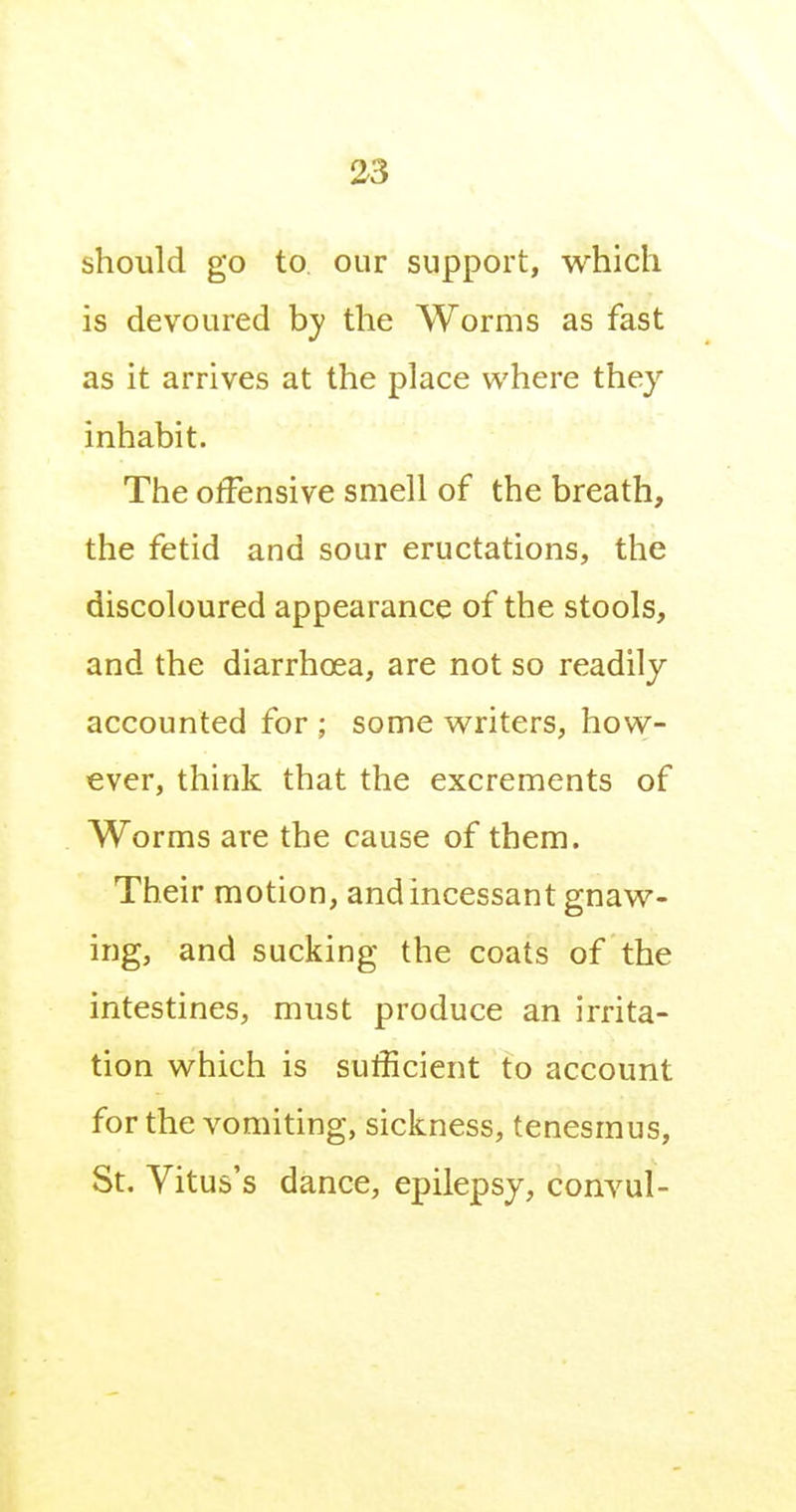 should go to. our support, which is devoured hy the Worms as fast as it arrives at the place where they inhabit. The offensive smell of the breath, the fetid and sour eructations, the discoloured appearance of the stools, and the diarrhoea, are not so readily accounted for ; some writers, how- ever, think that the excrements of Worms are the cause of them. Their motion, and incessant gnaw- ing, and sucking the coats of the intestines, must produce an irrita- tion which is sufficient to account for the vomiting, sickness, tenesmus, St. Vitus's dance, epilepsy, convul-