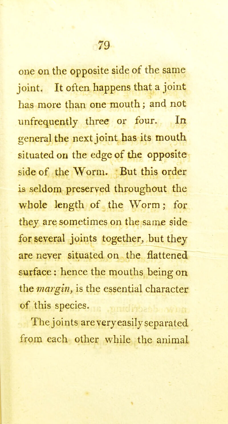 one on the opposite side of the same joint. It often happens that a joint has more than one mouth; and not unfrequently three or four. In general the next joint has its mouth situated on the edge of the opposite side of the Worm. But this order is seldom preserved throughout the whole length of the Worm; for they are sometimes on the same side for several joints together, but they are never situated on the flattened surface: hence the mouths being on the margin, is the essential character of this species. The joints are very easily separated from each other while the animal