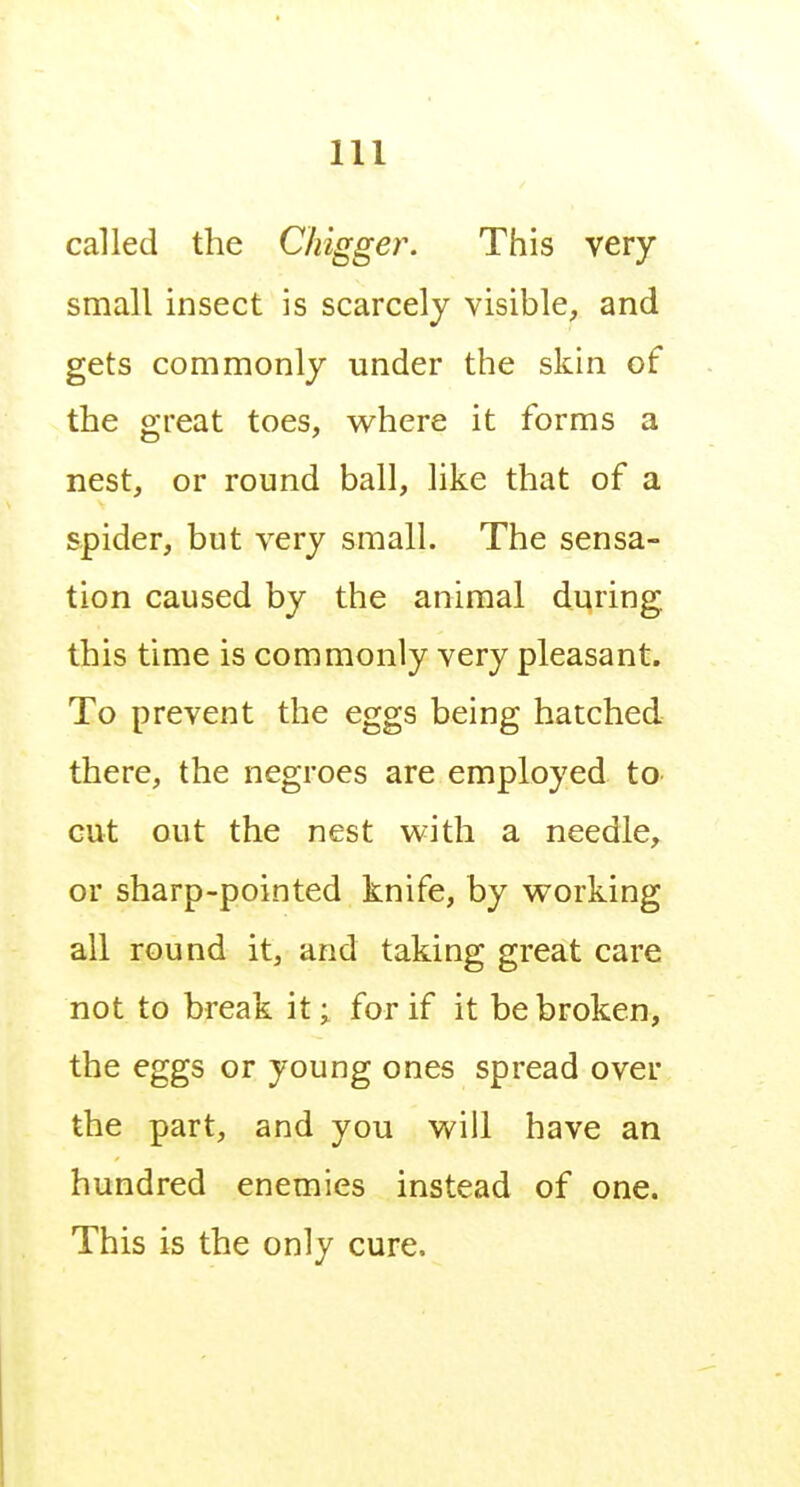 called the C/iigger. This very small insect is scarcely visible, and gets commonly under the skin of the great toes, where it forms a nest, or round ball, like that of a spider, but very small. The sensa- tion caused by the animal during, this time is commonly very pleasant. To prevent the eggs being hatched there, the negroes are employed to cut out the nest with a needle, or sharp-pointed knife, by working all round it, and taking great care not to break it; for if it be broken, the eggs or young ones spread over the part, and you will have an hundred enemies instead of one. This is the only cure.