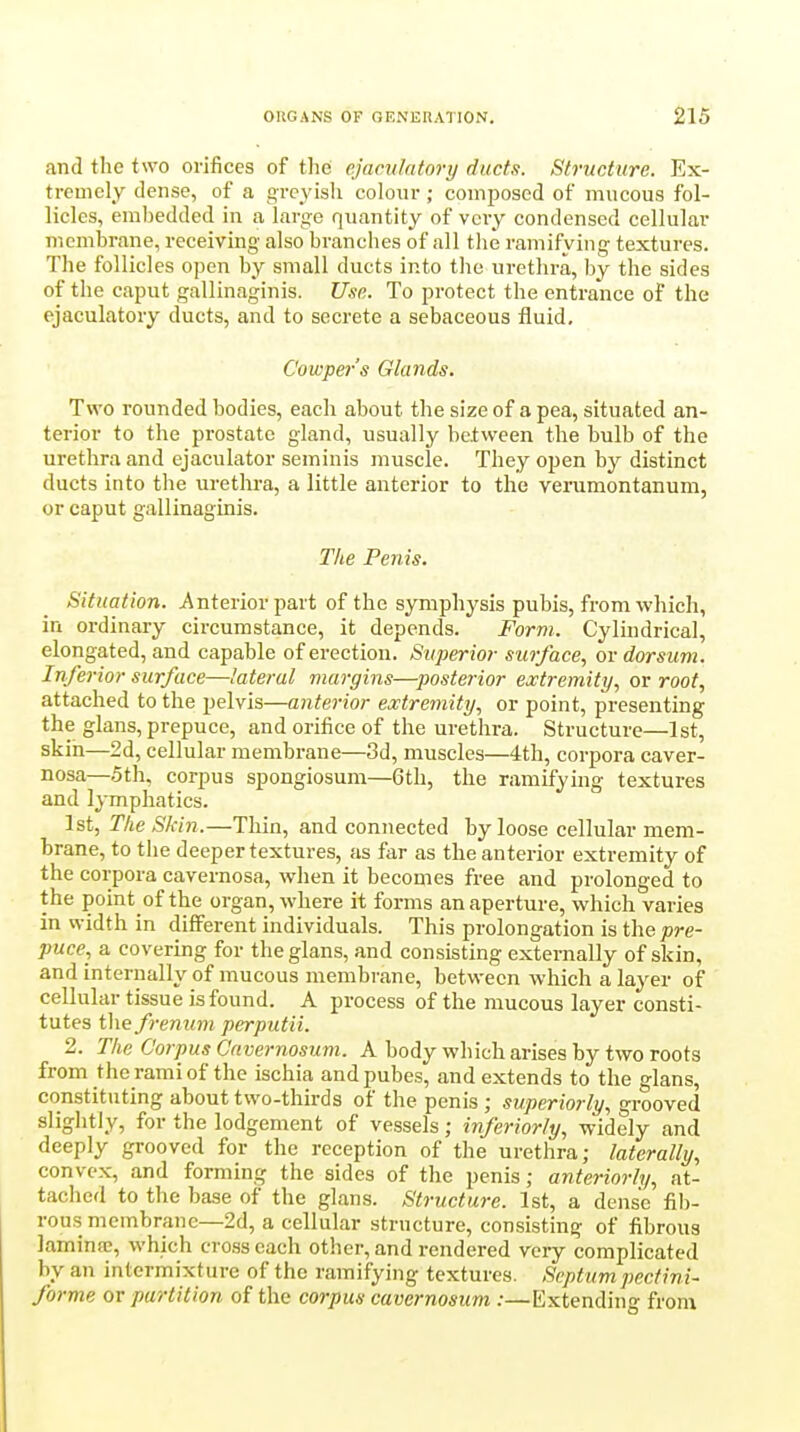 and the two orifices of the ejacidatory ducts. Structure. Ex- tremely dense, of a greyish colour; composed of mucous fol- licles, emhedded in a large quantity of very condensed cellular membrane, receiving also branches of all the ramifying textures. The follicles open by small ducts into the urethra, by the sides of the caput gallinaginis. Use. To protect the entrance of the ejaculatory ducts, and to secrete a sebaceous fluid, C'owper's Glands. Two rounded bodies, each about the size of a pea, situated an- terior to the prostate gland, usually between the bulb of the urethra and ejaculator seminis muscle. They open hy distinct ducts into the urethra, a little anterior to the verumontanum, or caput gallinaginis. The Penis. Situation. Anterior part of the symphysis pubis, from which, in ordinary circumstance, it depends. Form. Cylindrical, elongated, and capable of erection. Superior surface, or dorsum. Inferior surface—lateral margins—posterior extremity, or root, attached to the pelvis—anterior extremity, or point, presenting the glans, prepuce, and orifice of the urethra. Structure—1st, skin—2d, cellular membrane—3d, muscles—4th, corpora caver- nosa—.5th, corpus spongiosum—6th, the ramifying textures and lymphatics. 1st, The Skin.—Thin, and connected by loose cellular mem- brane, to the deeper textures, as far as the anterior extremity of the corpora cavernosa, when it becomes free and prolonged to the point of the organ, where it forms an aperture, which varies in width in different individuals. This prolongation is the pre- puce, a covering for the glans, and consisting externally of skin, and internally of mucous membrane, between which a layer of cellular tissue is found. A process of the mucous layer consti- tutes the frenum perputii. 2. The Corpus Cavernosum. A body which arises by two roots from the rami of the ischia andpubes, and extends to the glans, constituting about two-thirds of the penis; superiorly, grooved slightly, for the lodgement of vessels; inferiorly, widely and deeply grooved for the reception of the urethra; laterally, convex, and forming the sides of the penis; anteriorly, at- tached to the base of the glans. Structure. 1st, a dense fib- rous membrane—2d, a cellular structure, consisting of fibrous laminfc, which cross each other, and rendered very complicated by an intermixture of the ramifying textures. Septumpectini- forme or partition of the corpus cavernosum :—Extending from