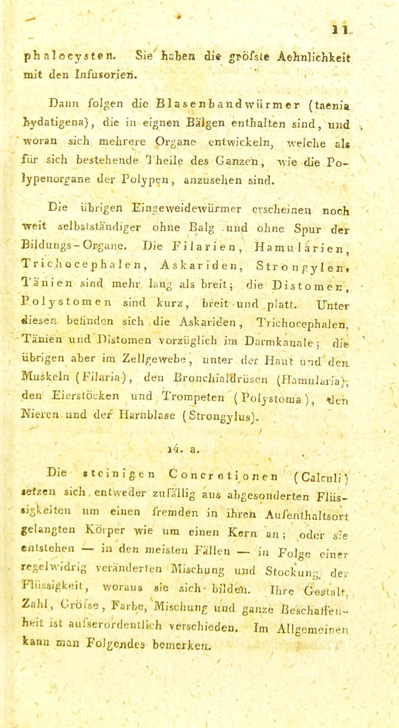 phalocysten. Sie haben die gpöfste Aehnlichkelt mit den Infusorien. Daun fo]<;en die Blasenbandwürmer (taenia bydatigena), die in eignen Bälgen enthalten sind, und woran sich melirore Ornane cntwickelnj welche als ftir sich bestehende T heil^ des Ganzen, wie die Po- lypenor^ane der Polypen, anzusehen sind. Die übrigen Eingeweidewürmer erscheinen noch ■weit selbstständiger ohne Balg .und ohne Spur der Bildungs-Organe. Die Filarien, Hamulärien, Trichocephalen, Askariden, Streng ylen. Tänien sind mehr hing als breit; die Distomen, Polystomen sind kurz, breit und platt. Unter diesen behndon sich.die Askariden, Trichocephalen, Tänien und Distomen -vorzüglich im Darmkanale; die übrigen aber im Zellgewebe, unter der Haut und den Muskeln (Fiiaria), den Bronchialdrüsen (Hamularia); den Eierstöcken und Trompeten (Polystoma), *len Meren und der Plarnblase (Strongylus). Die «tcinigen Concretionen (Calculi^ leizen sich, entweder zufällig aus abgesonderten Flüs- sigkeiten um einen fremden in ihren Aufenthaltsort gelangten Körper wie um einen Kern an; oder sie entstehen — in den meisten Fällen — in Folge einer regelwidrig veränderten Mischung und Stockung, der Flüssigkeit, woraus sie sich- bfldeli. Ihre Gestalt, Zahl, Gröfse, Farbe, Mischung und ganze ße'schaileu- hfeit jst aufserordentllch verschieden. Im Allgomoinen kann man Folgendes bemerken..