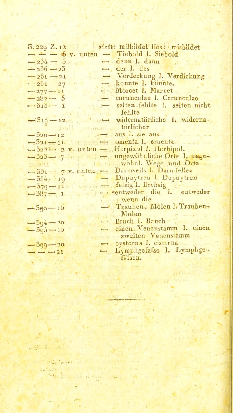 5.22g Z. 12 Matt: milbildet liesr mistlldet — — — 4) y. unten — Tiebold 1. Siebold — 234 —' 5- '— denn 1. dann — 256'—^23 '— der 1. des — 25i —21 — Verdeckung 1. Verdickung — 261—27 — konnte 1. könnte. — 277—n — Morcet ]. Marcet '—282— 5 — cuninculae 1. Carunculae — oi5— 1 — selten fehlte J. selten nicht fehlte — 519—12 •—' -widernatürliche 1. mderna- tiirlicJier ■—520—'12 —' aus 1. sie aus •—321 —it f '— Omenta 1. eruenta '—'S^a— 2 V. unten — Herpixol 1. Herbipol. — 323—' 7 — ungewöhnliche Qrte 1. unge-'- •:''•(.! ■ wöhnl. Wege und Orte ^o3i'— 7 V. unten — Darinseils 1. Darmrelles 554,— ig — Dupuytreu 1. Dupuytren 37g,—^11 — felsig 1. flechsig ^3gy— i —. »entweder die 1. entweder ■\venn die _:.5no—,5 —• Trauben, Molen 1.Trauben- Molen 5q4—20 — Brach J. Bauch 3g5—i5 — einen Venenstamm 1. einen zweiten Venenstamm __5r)r) 20 —' cystern a 1. cisterna „ J ^21 — Lymphgefä'fse 1. Lymphge- fäfsen.