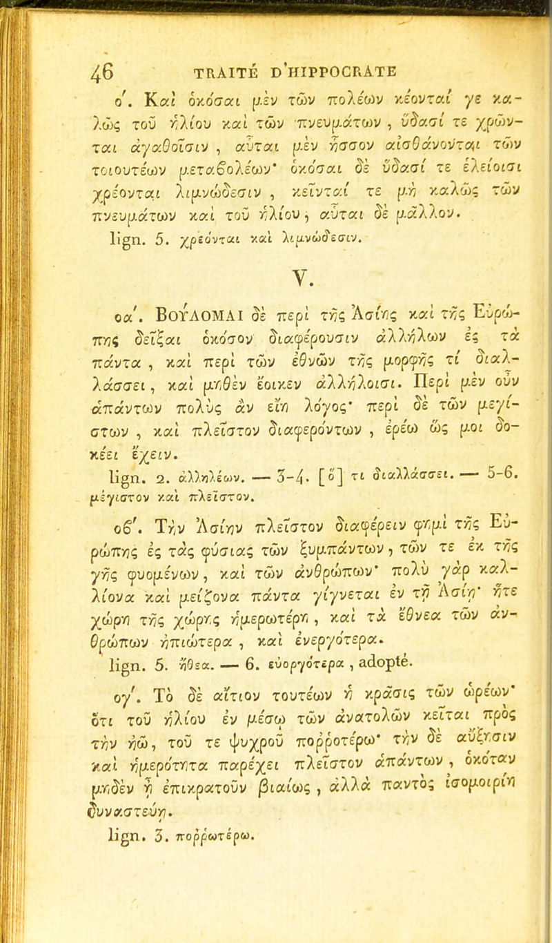 o. Kal ÔyJggci \}.ïv twv iroXéoav vJovxal ye xec- l&ç toù r.llov xaî xQtv -nveup-az-wv , viïaGÎ ts Xpwv- xai àyaBoiaiv , aura/ piv vfaaoy aîaSavoy'Tat To>y tojoutÉoùv p.eraêoXiwy' éxo'ffai #s udaat T£ é).eîoi<Ji ■/fiêovxai Ajp.vwoc<7tv , xeîVTca T£ p->9 xaXw; twv 7rvcU(jt.aTWV xai TOÛ «XioUj aurai 5è p-àA/oy. lign. 5. ^joeovxai xat Xtp*«<5Wv. V. oa'. BoYAOMAI & rapt TÂS Act'/iç xai T>jç Eû'pw- 7ry]ç #eï£at oxoaoy foa<p£poii<Tiy àÀArçAwv e; tà Travra , xai U£pi twv ëSvwv zrjç fxopç>?; «' oiaA*- Xâaoei, xai p.r,0£v ëaixev àXkriloiai. Ilepî (xev oùv aTiavTWv 7roXù; av zïri lôyoq' lïspi twv psy(- ffTwy , xai 7i/et<7Toy &açp£po'yToùv , epeco wç p.ot #o- xést e^£jy. lign. 2. àW>«).éû)V. —3-4- [o] ti StaMâarcret.— 5-6. filytarov xat îr^starov. oG\ TV, y 3!W>?v TrX£taxov &a<pépeiv çtipi txfe Eù- pa»7ryj<; Iç ràç cpucia; rwy £up.7rayrwy, twv te £x rnq yyjç tpuopiycoy, xat twv àv0pw7:wv* 7roÀÙ yàp xa/- /t'ova xat p.ei'Çova 7rayra ylyvezai èv xy Acrt'y?' yjre Xtipn TJ7Ç fifteparêpr,, xaî tà efivea rwy «v- 0pw7ra)y >77TtwT£pa , xai èvepyôzepa. lign. 5. riOsx. — 6. tvopyàxepa., adopté. 07'. To & atrtoy toutewv « xpàatç twv cSpe'wv* Sri toû w'Xi'ou ev juÉaw rwv àvaToAwv xeîrat upès TflV tfW, TOÙ T£ ^XpoÔ TTOppOTepW T^V $È aÛ'&CTtV xaî yjpiepoTïJTa TrapE/st uleiarov «iravrwv ^, oxorav p^èy v) éVixpaToûv 0iaiws , àX/à navio; tffOfxoipivj lign. 3. 7ropfWTÉpa).