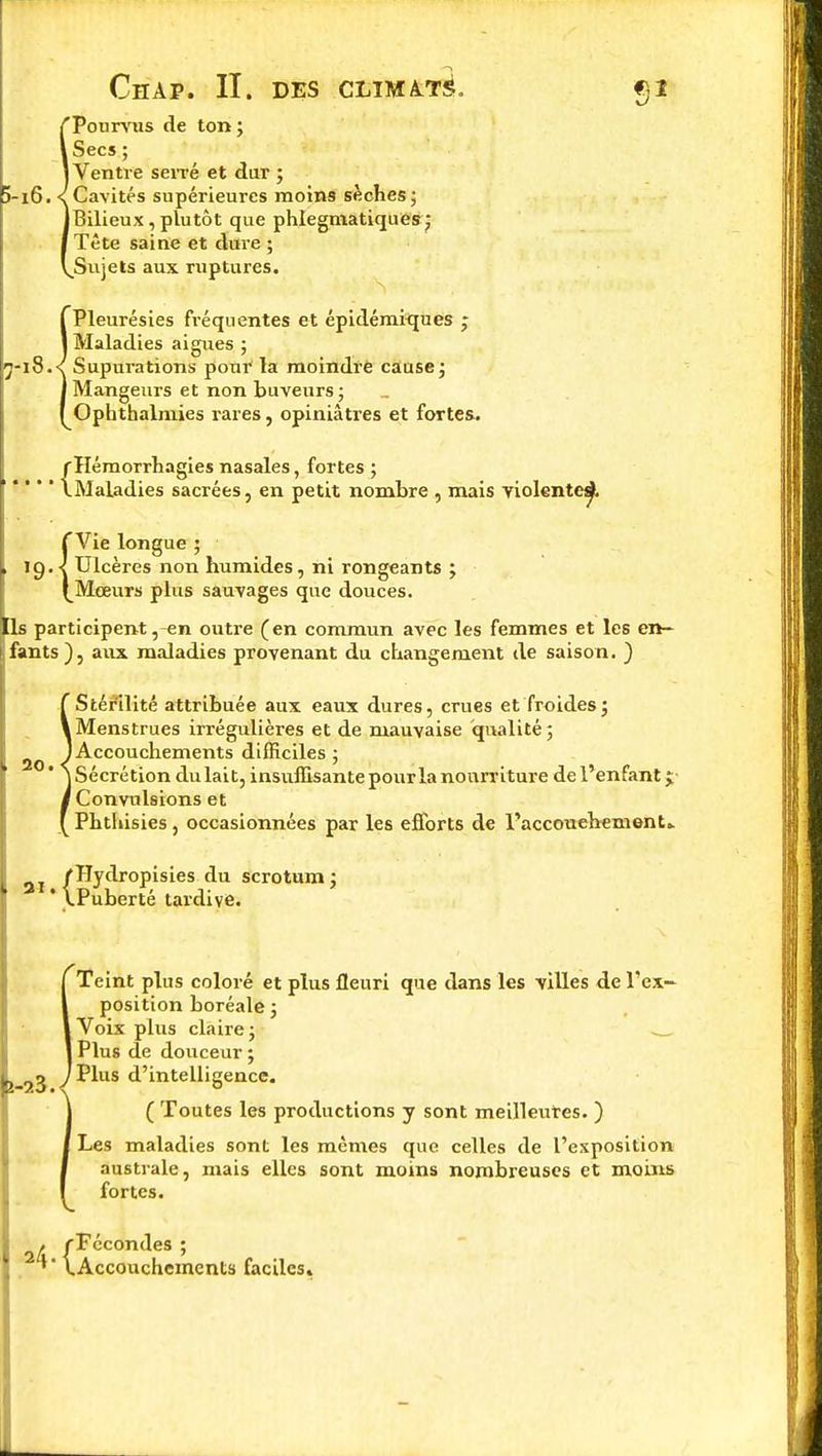 IPourvus de ton; Secs ; Ventre serré et dur ; Cavités supérieures moins sèches ; Bilieux, plutôt que phlegmatiques; Tête saine et dure ; Sujets aux ruptures. [Pleurésies fréquentes et épidémkrues ; j Maladies aiguës ; 7-18.< Supurations pour la moindre cause; J Mangeurs et non buveurs; ^Ophthalniies rares, opiniâtres et fortes. •{ Hémorrhagies nasales, fortes ; Maladies sacrées, en petit nombre , mais violente^. 20. ÎVie longue ; Ulcères non humides, ni rongeants ; Mœurs plus sauvages que douces. ls participent,-en outre (en commun avec les femmes et les en- fants ), aux maladies provenant du changement de saison. ) Stérilité attribuée aux eaux dures, crues et froides; 1 Menstrues irrégulières et de mauvaise qualité; /Accouchements difficiles ; \ Sécrétion du lait, insuffisante pour la nourriture de l'enfant ; [Convulsions et Phthisies, occasionnées par les efforts de Faccouehement». ai f^yc^ropisies au scrotum; ' VPuberté tardive. Teint plus coloré et plus fleuri que dans les villes de l'ex- position boréale ; Voix plus claire; Plus de douceur ; ^3 ,/Plus d'intelligence. ( Toutes les productions y sont meilleures. ) Les maladies sont les mêmes que celles de l'exposition australe, mais elles sont moins nombreuses et moins fortes. (Fécondes ; Accouchements faciles.