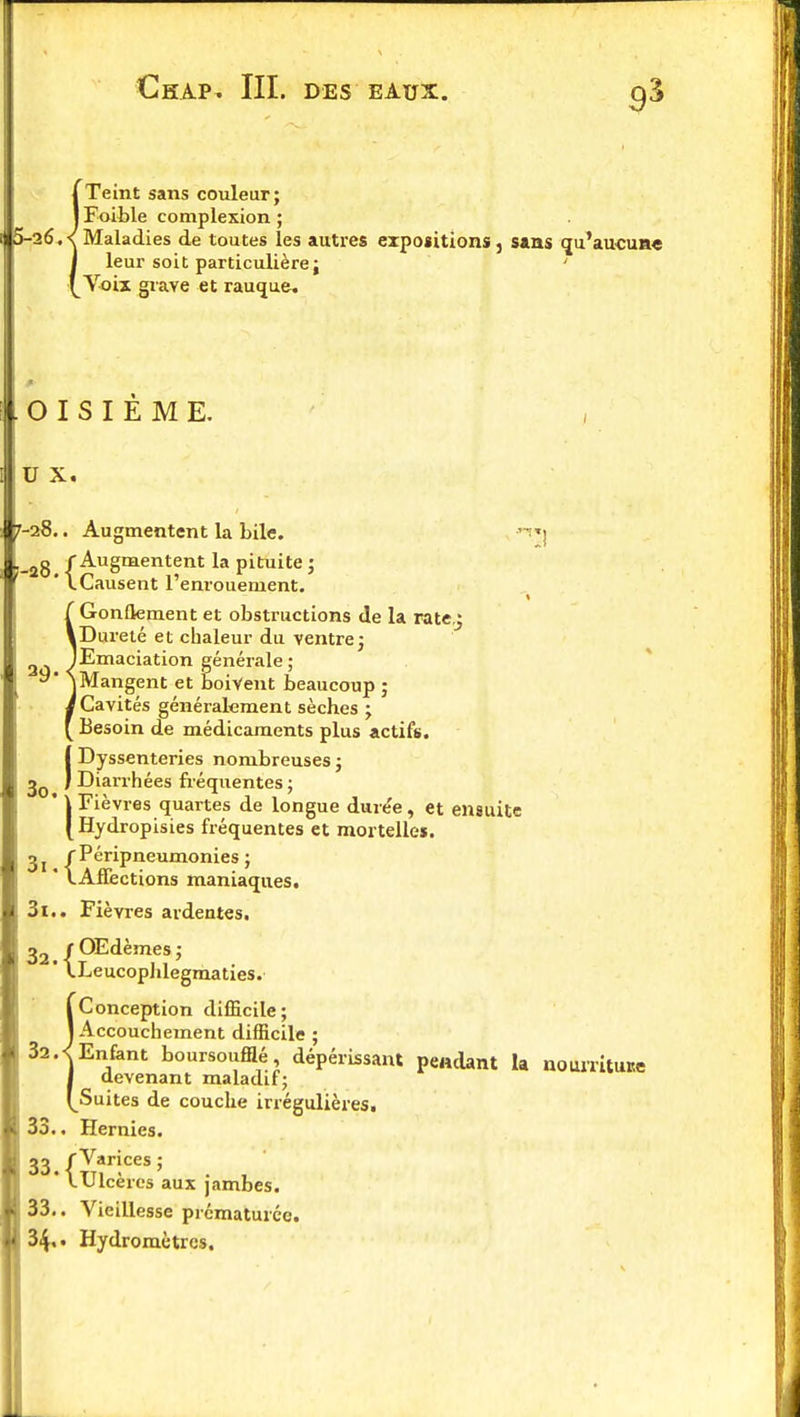 9* (Teint sans couleur; | Foible complexion ; 5-26.< Maladies de toutes les autres expositions, sans qu'aucune ! leur soit particulière; ^Voix grave et rauque. .OISIEME. u x. 7-28.. Augmentent la bile. U8.{ Augmentent la pituite ; Causent l'enrouement. Gonflement et obstructions de la rate j iDureté et chaleur du ventre; lEmaciation générale; y- ^Mangent et boivent beaucoup ; f Cavités généralement sèches ; Besoin de médicaments plus actifs. IDyssenteries nombreuses ; Dii » Diarrhées fi'équentes ; (Fièvres quartes de longue durée, et ensuite Hydropisies fréquentes et mortelles. 2j f Péripneumonies ; ' lAffections maniaques. 3i.. Fièvres ardentes. 32 /OEdèmes;  ILeucophlegmaties. |Conception difficile; J Accouchement difficile ; 32.^Enfant boursouflé, dépérissant pendant la nourriture I devenant maladif; (^Suites de couche irrégulières. 33.. Hernies. 22 f Varices ; ' VlJlcères aux jambes. 33.. Vieillesse prématurée.
