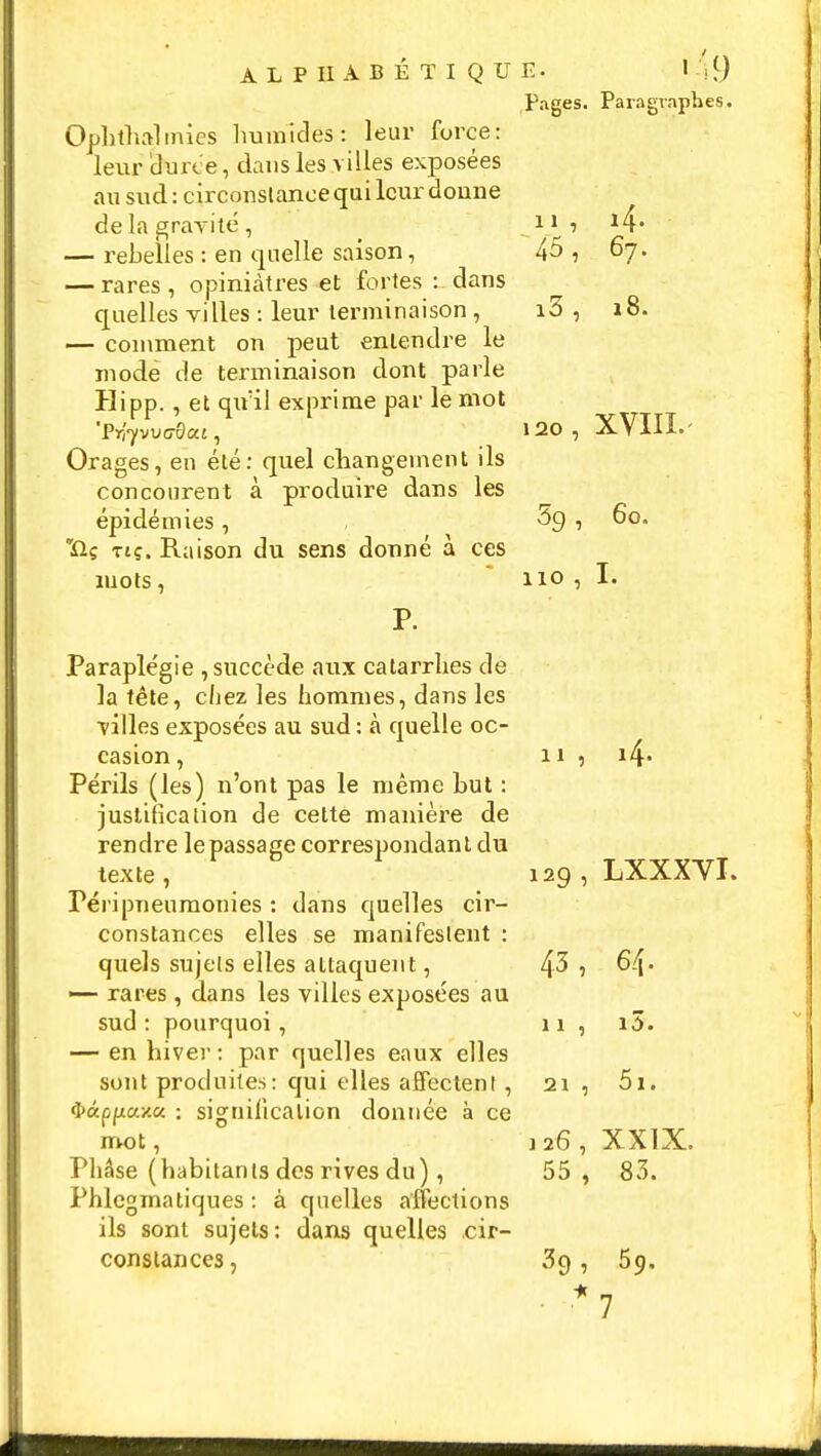 Pages. Paragraphes. Ophthalmies humides: leur force: leur durée, dans les villes exposées au sud: circonstance qui leur donne de la gravité , 11 ? *4- — rebelles : en quelle saison, 45, 67. — rares, opiniâtres et fortes u dans quelles villes : leur terminaison , i3 , 18. — comment on peut entendre le mode de terminaison dont parle Hipp. , et qu'il exprime par le mot 'PrfyvuG-Sat, 120, XVIII. Orages, eu été: quel changement ils concourent à produire dans les épidémies, , ^9 , 60. iiç tiç. Raison du sens donné à ces mots, 110 , I. Paraple'gie , succède aux catarrhes de la tête, chez les hommes, dans les villes exposées au sud : à quelle oc- casion , 11,14. Périls (les) n'ont pas le même but : justification de cette manière de ren dre le passa ge correspondan t du texte , 129 , LXXXYI. réripneumonies : dans quelles cir- constances elles se manifestent : quels sujets elles attaquent, 43 , 64- — rares , dans les villes exposées au sud: pourquoi, 11 , i3. — en hiver: par quelles eaux elles sont produites: qui elles affectent , 21 , 5i. 4>âppaza : signification donnée à ce mot, 126 , XXIX. Phâse (habitants des rives du) , 55 , 83. Phlegmatiques : à quelles affections ils sont sujets: dans quelles cir- constances , 39 , 59. * 7