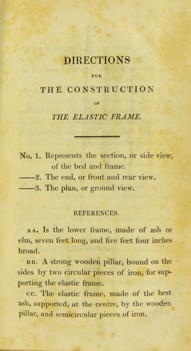 DIRECTIONS FOR THE CONSTRUCTION OF THE ELASTIC FRAME. No. 1. Represents the section, or side view, of the bed and frame. 2. The end, or front and rear view. • 3. The plan, or ground view. REFERENCES. AA. Is the lower frame, made of ash or elm, seven feet long, and five feet four inches broad. BB. A strong wooden pillar, bound on the sides by two circular pieces of iron, for sup- porting the elastic frame. CO. The elastic frame, made of the best ash, supported, at the centre, by the wooden^ pillar, and semicircular pieces of iron.